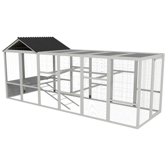 Wooden Chicken Coop Run for 6-10 Chickens, Hen House, Poultry Cage Add-On with Storage, Perches, 141.75" x 48" x 61", Gray