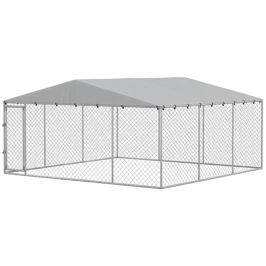 Extra Large Outdoor Dog Kennel Dog Run with Waterproof & UV Resistant Cover, Double Secure Locks, for Small and Medium Sized Dogs, 13.1' x 13.1' x 6.6', Silver