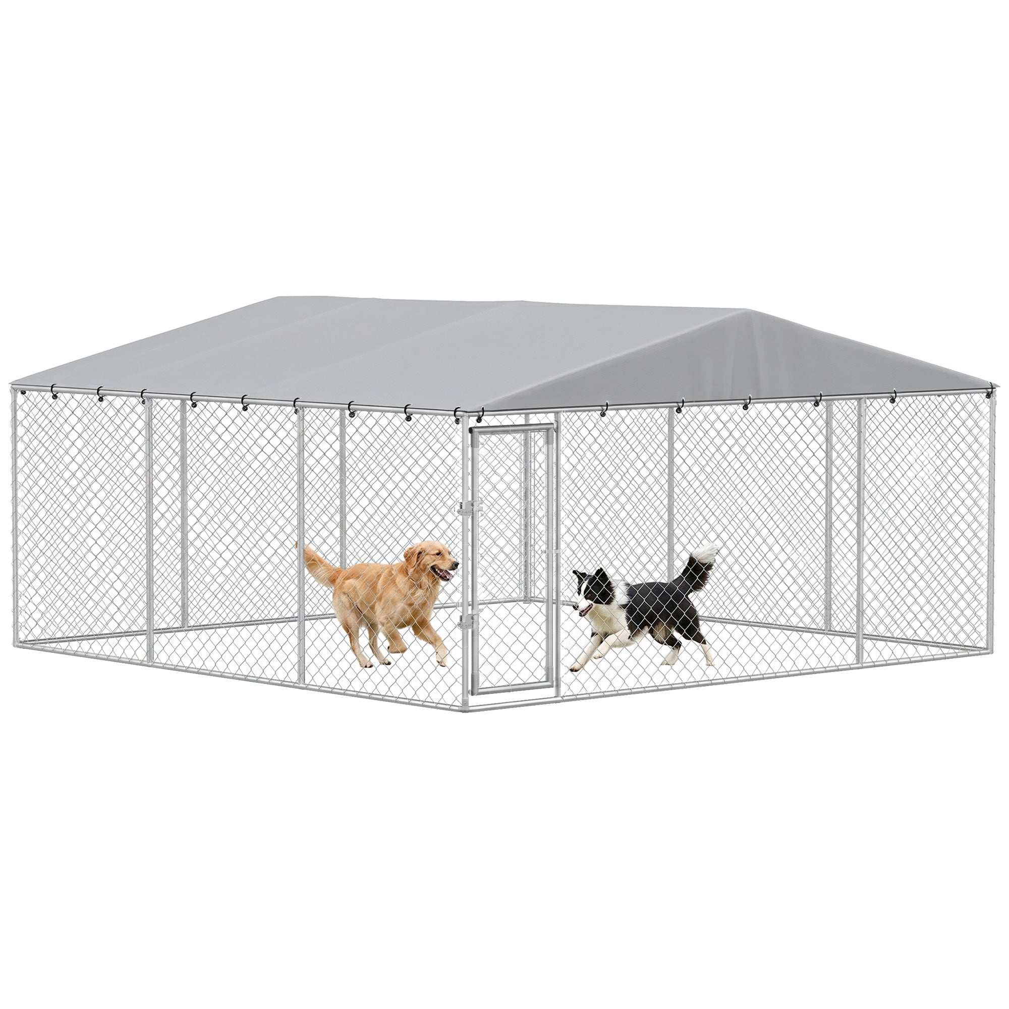 Extra Large Outdoor Dog Kennel, Heavy Duty Dog Run Outdoor Fence with Waterproof Cover, Galvanized Chain Link, Double Secure Locks, for Small Medium Breeds, Chickens, Ducks, 13' x 13' x 6.5'