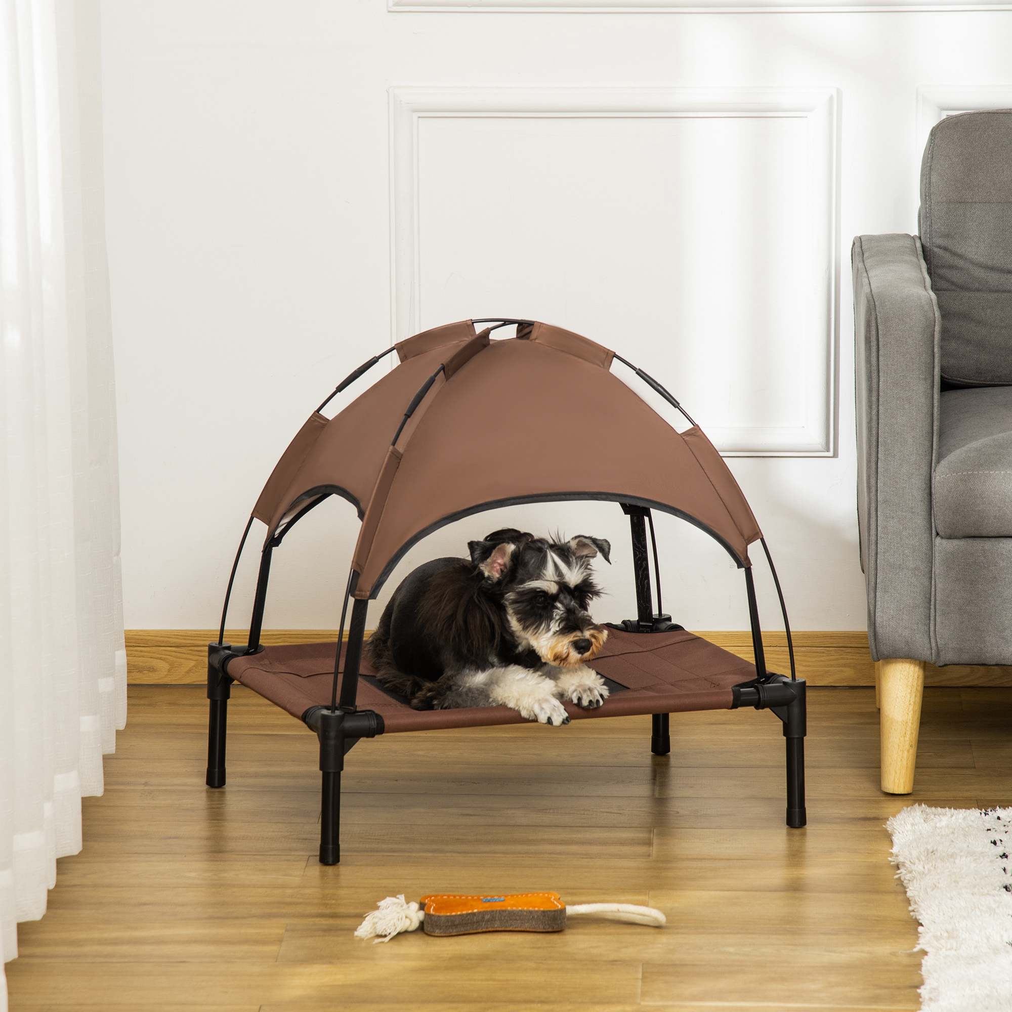 Raised Dog Bed Waterproof Elevated Pet Cot with Breathable Mesh UV Protection Canopy Brown, for Small Dogs, 61 x 46 x 62cm