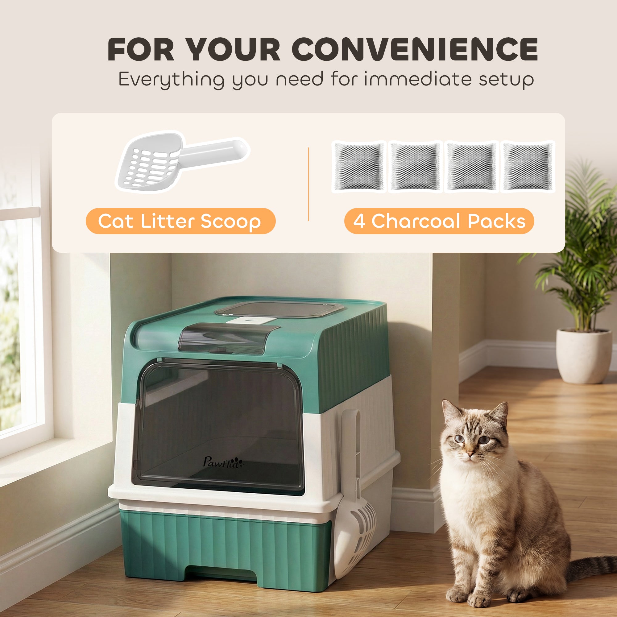 Cat Litter Box with Lid, Hooded Cat Litter Box with Pull-Out Drawer Tray, Scoop, Front Entry & Top Exit, 4 Deodorization Bags, Easy to Clean, Teal