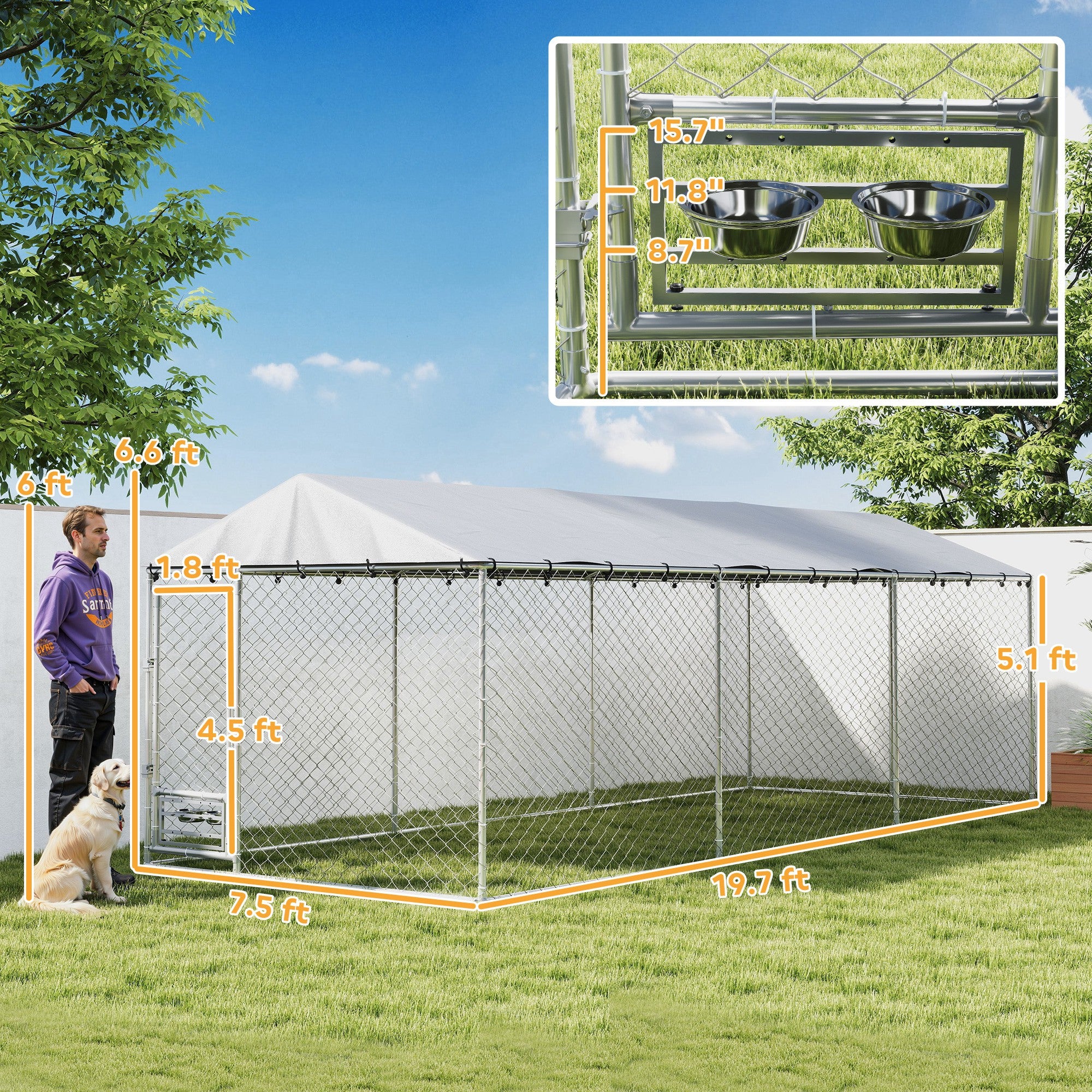Outdoor Dog Kennel with Roof, 20' x 7.5' x 6.5' Chain Link Dog Run with Waterproof UV-Resistant Cover, Double Secure Locks, Adjustable Rotating Bowls, for Large Breeds, Chickens, Ducks, Geese