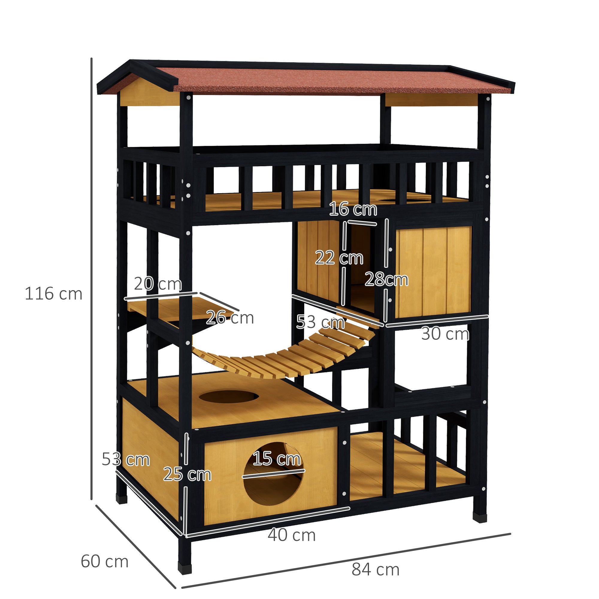 Outdoor Cat House Wooden Cat Shelter, 4 Tier with Suspension Bridge, Balcony, Escape Doors Water-Resistant Roof, for 1-2 Cats