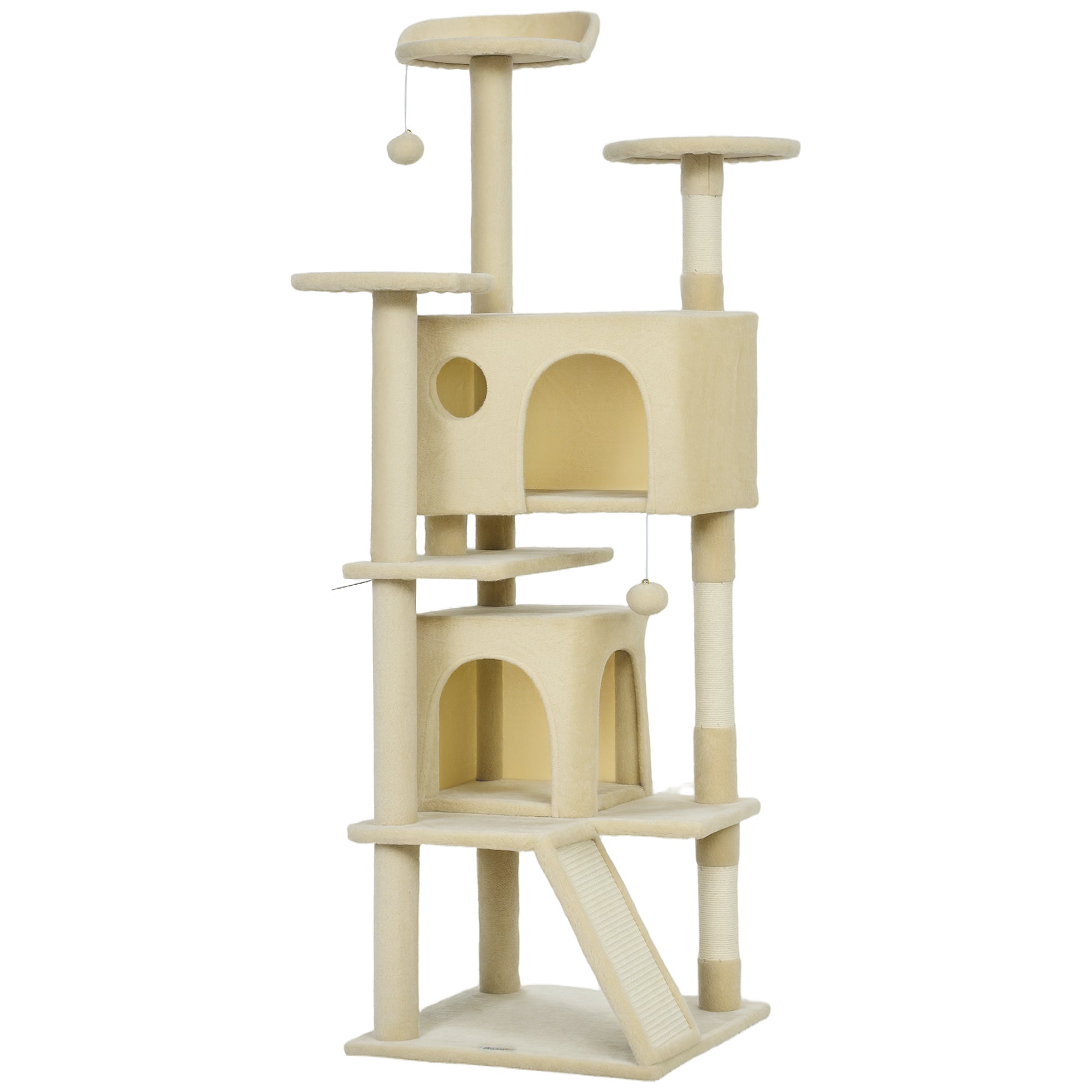 63" Cat Tree, Cat Tower for Indoor Cats with Scratching Posts, Cat Condos, Bed, Platforms, Ramp, Toy Ball, Cat Activity Center, Cream White