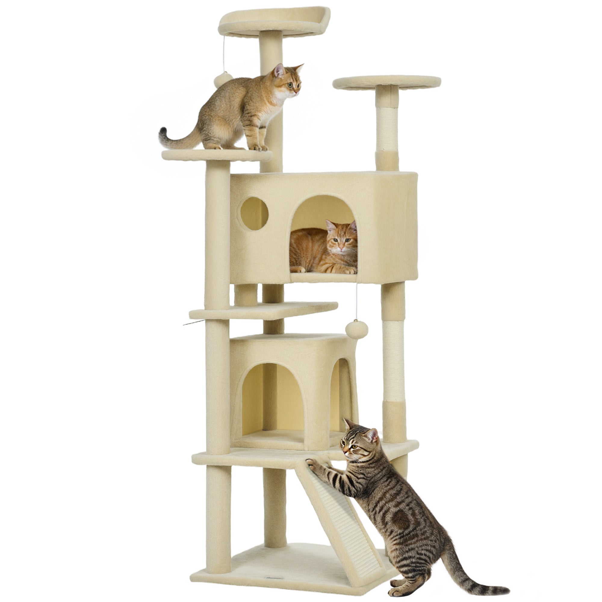 63" Cat Tree, Cat Tower for Indoor Cats with Scratching Posts, Cat Condos, Bed, Platforms, Ramp, Toy Ball, Cat Activity Center, Cream White