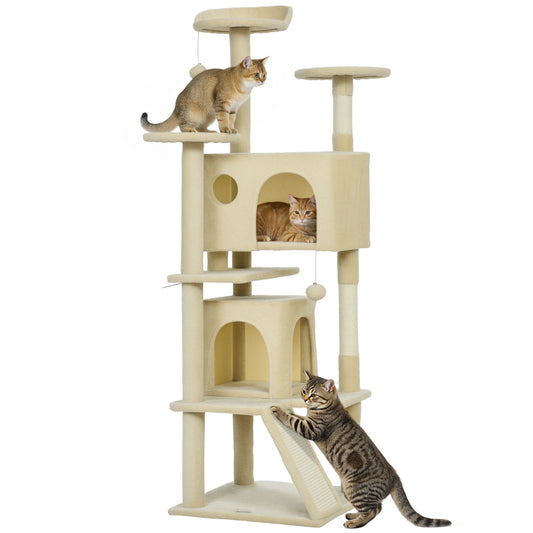 63" Cat Tree, Cat Tower for Indoor Cats with Scratching Posts, Cat Condos, Bed, Platforms, Ramp, Toy Ball, Cat Activity Center, Cream White