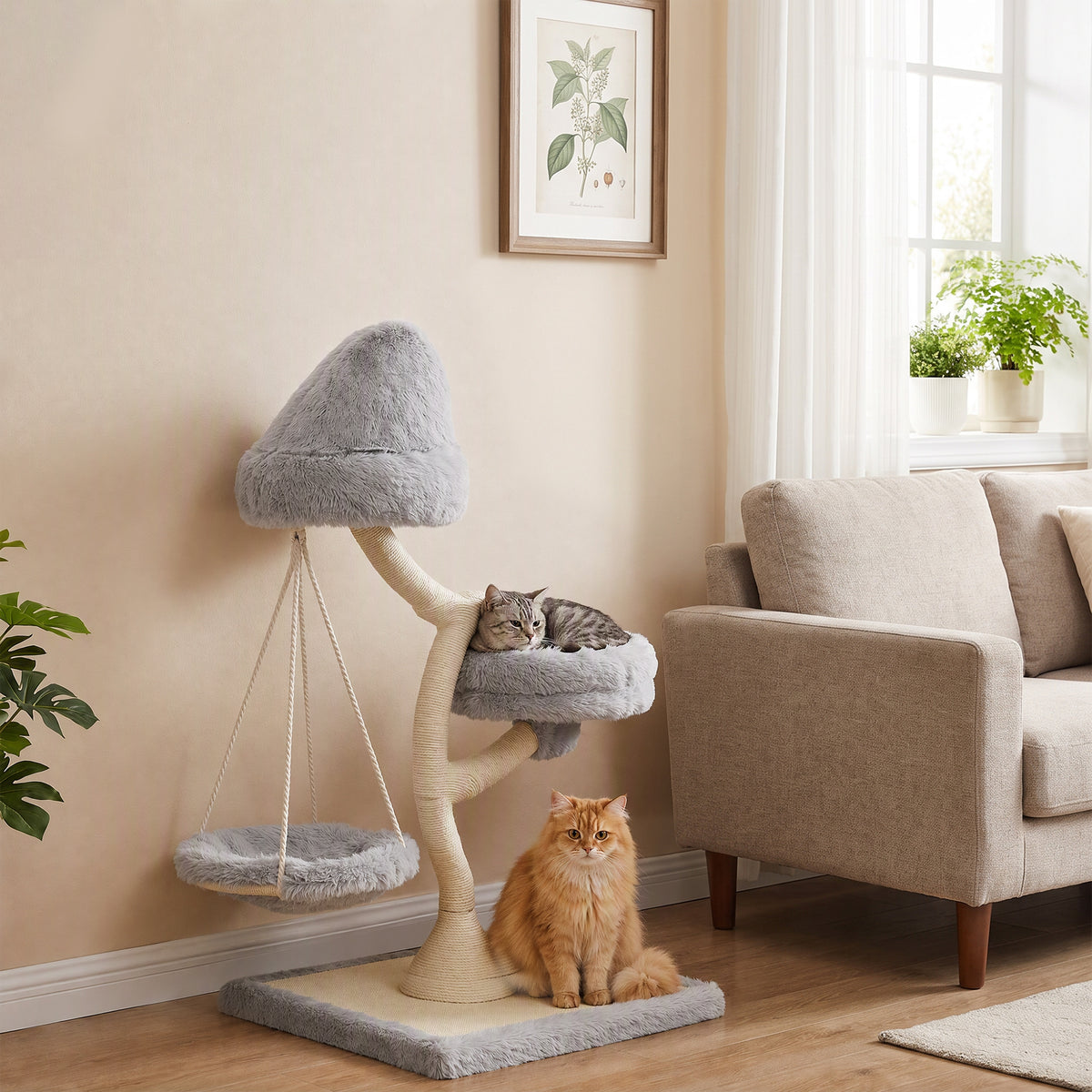Modern Cat Tree Tower 115 cm Branch Design with Washable Beds, Cat Tower with Sisal Scratching Post, Holds 1 Cat up to 6kg