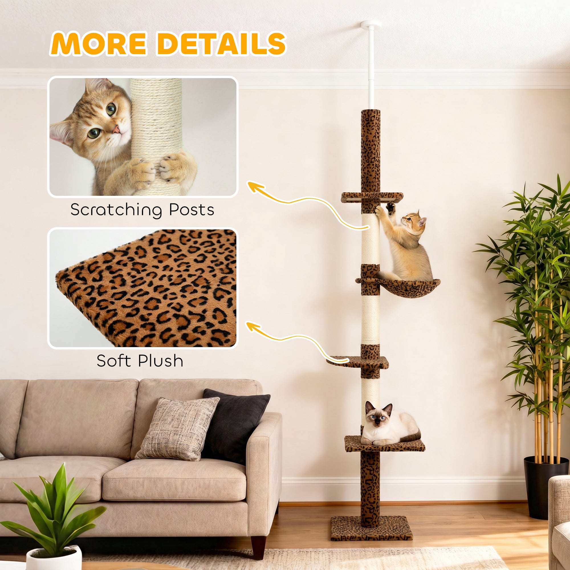 91"-102" Cat Tree, 5-Tier Floor-to-Ceiling Cat Tower Kitty Activity Center w/ Scratching Post, Cozy Hammock Play Rest Post Pet Furniture for Jumping Climbing, Leopard Print