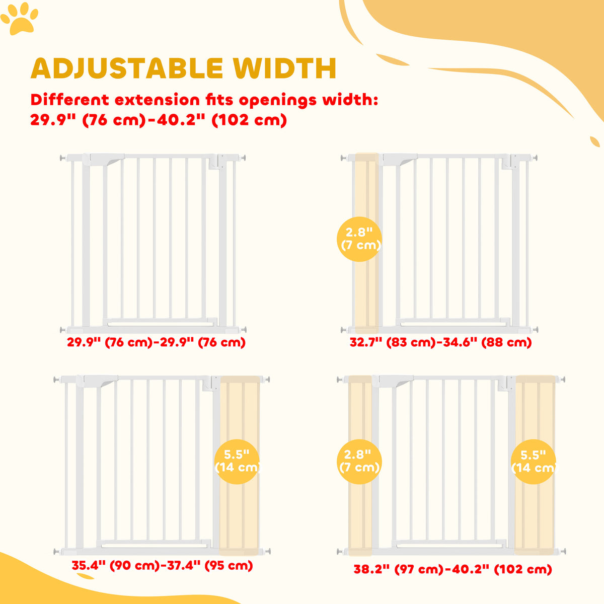 Baby Gate, 30"-32", 33"-35", 35"-37", 38"-40"W Pet Gate with 2 Extension Kits, Auto-Close, Two-Way Open, Pressure Mounted for Stair, Doorways and Hallways, 30"H, White