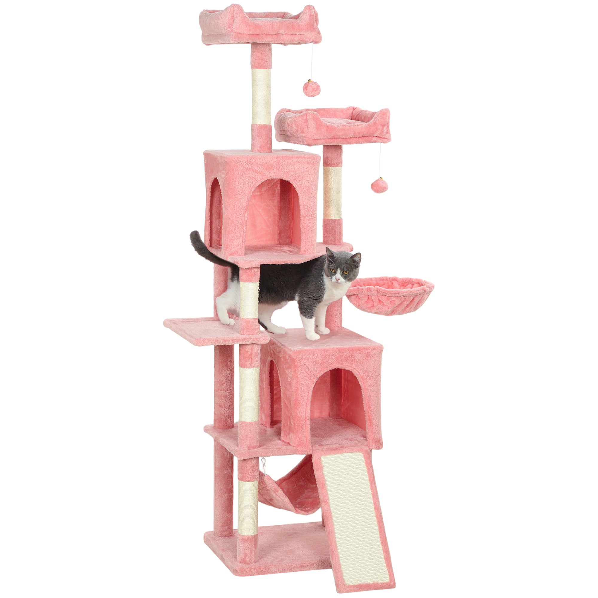 Cat Tree, 70" Multi-Level Cat Tower for Indoor with 2 Condos, 2 Plush Top Perches, Hammock, Platforms, Toy Balls, Sisal Scratching Posts and Board, Pink