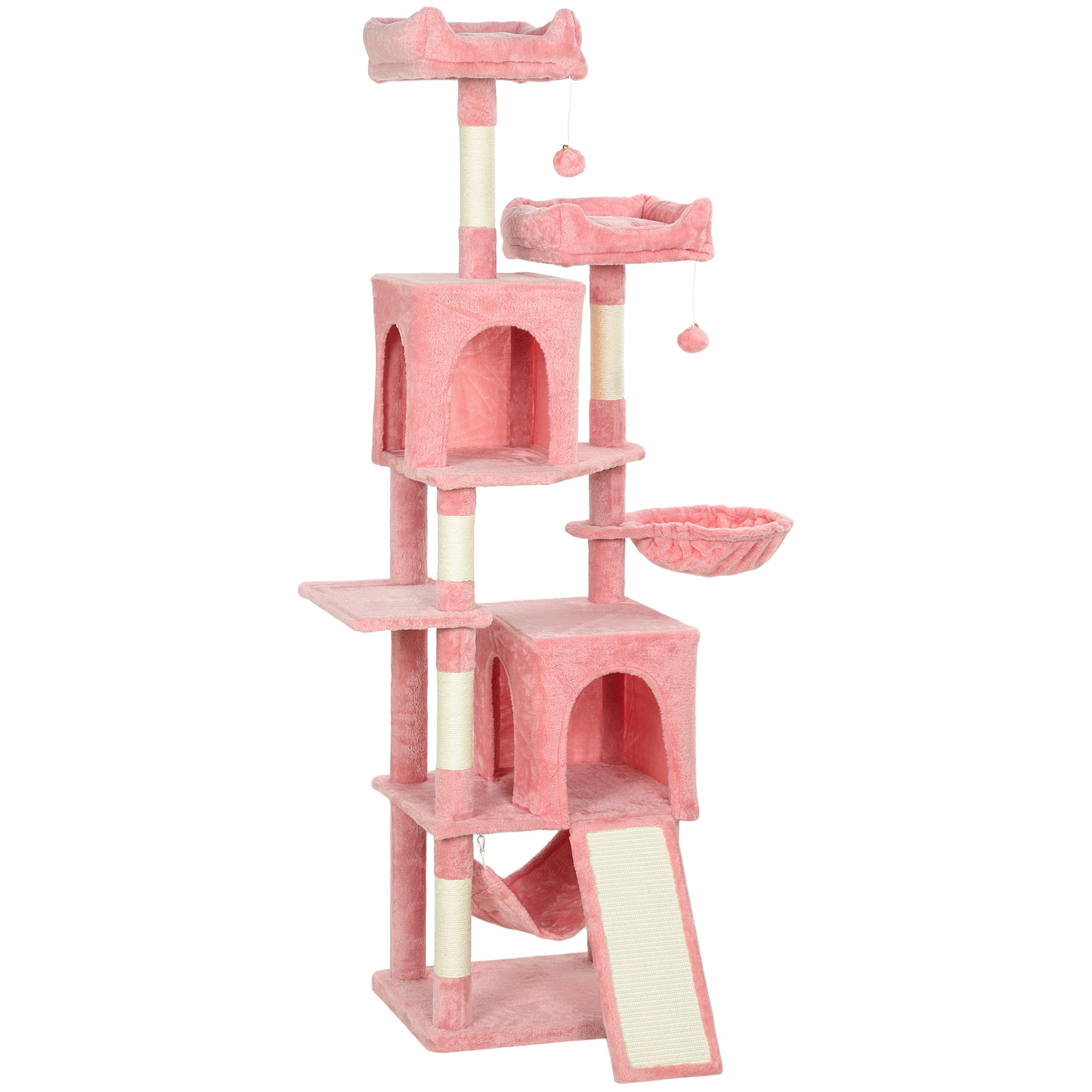 Cat Tree, 70" Multi-Level Cat Tower for Indoor with 2 Condos, 2 Plush Top Perches, Hammock, Platforms, Toy Balls, Sisal Scratching Posts and Board, Pink