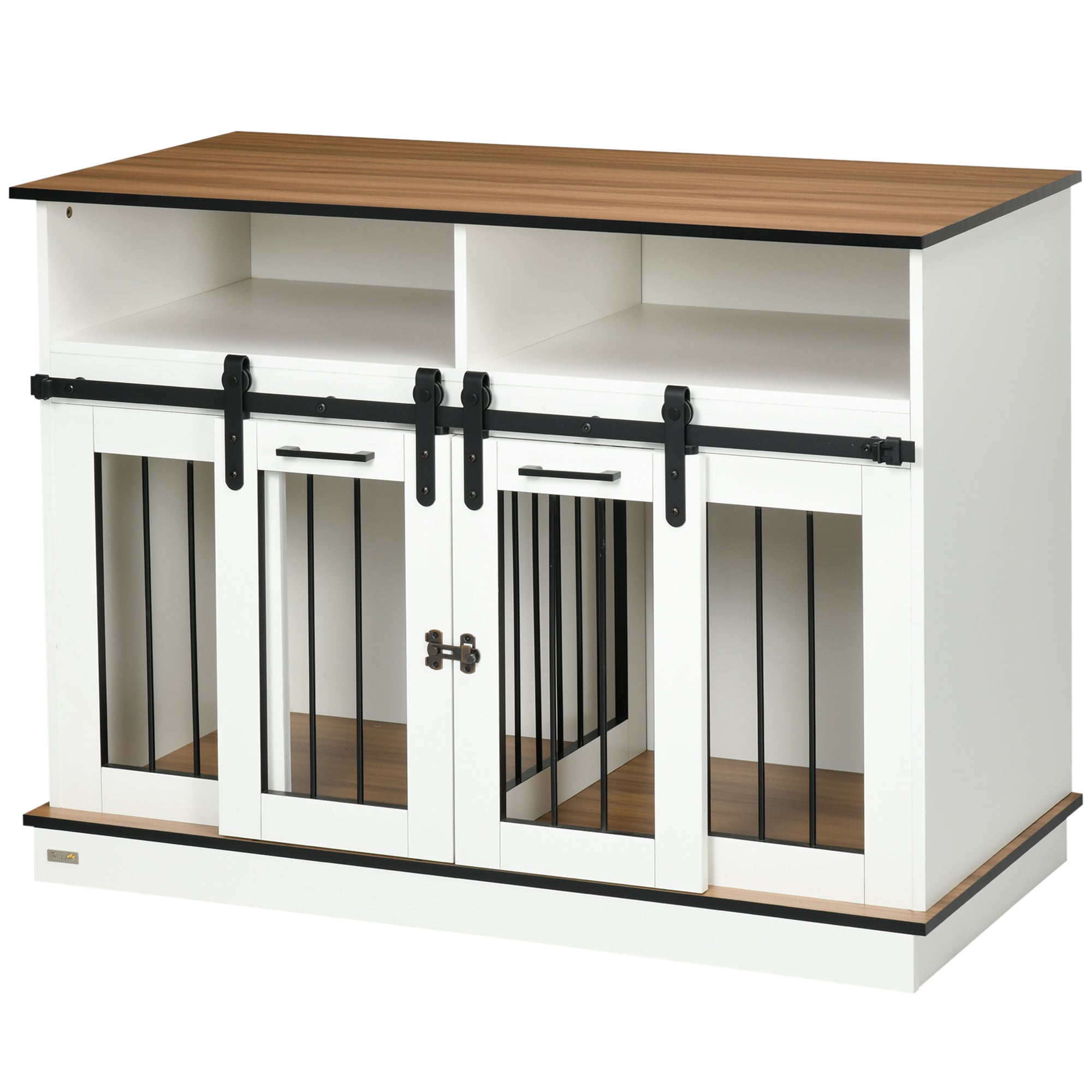 Dog Crate Furniture for Small and Large Dogs w/ Movable Divider, Dog Cage End Table with Shelves, Sliding Doors, 120 x 60 x 88.5cm, White