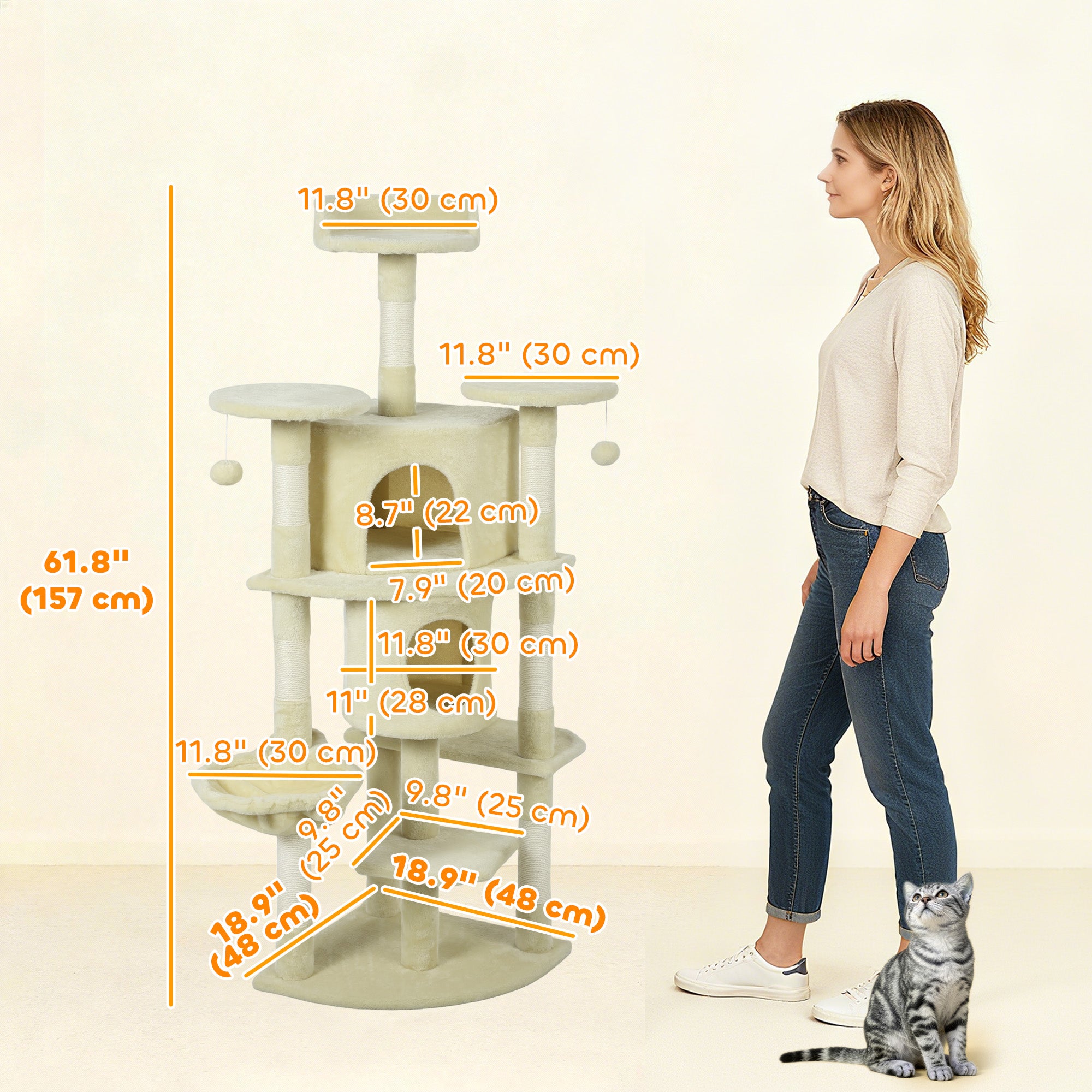 Cat Tree, 62" Multi-Level Cat Tower with Scratching Posts, 2 Condos, Hammock, Perches, Plush, Pompoms, for Indoor Kittens Playing, Resting, Sleeping, Beige