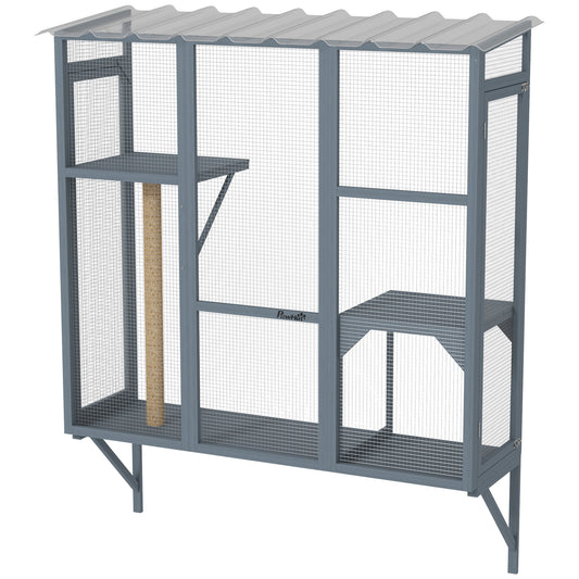 Catio Outdoor Cat Enclosure, Cat Window Box for 2-3 Cats with 2 Jumping Platforms & Scratching Post, Expendable Secure Window Perch House for Large Indoor Cats, Grey