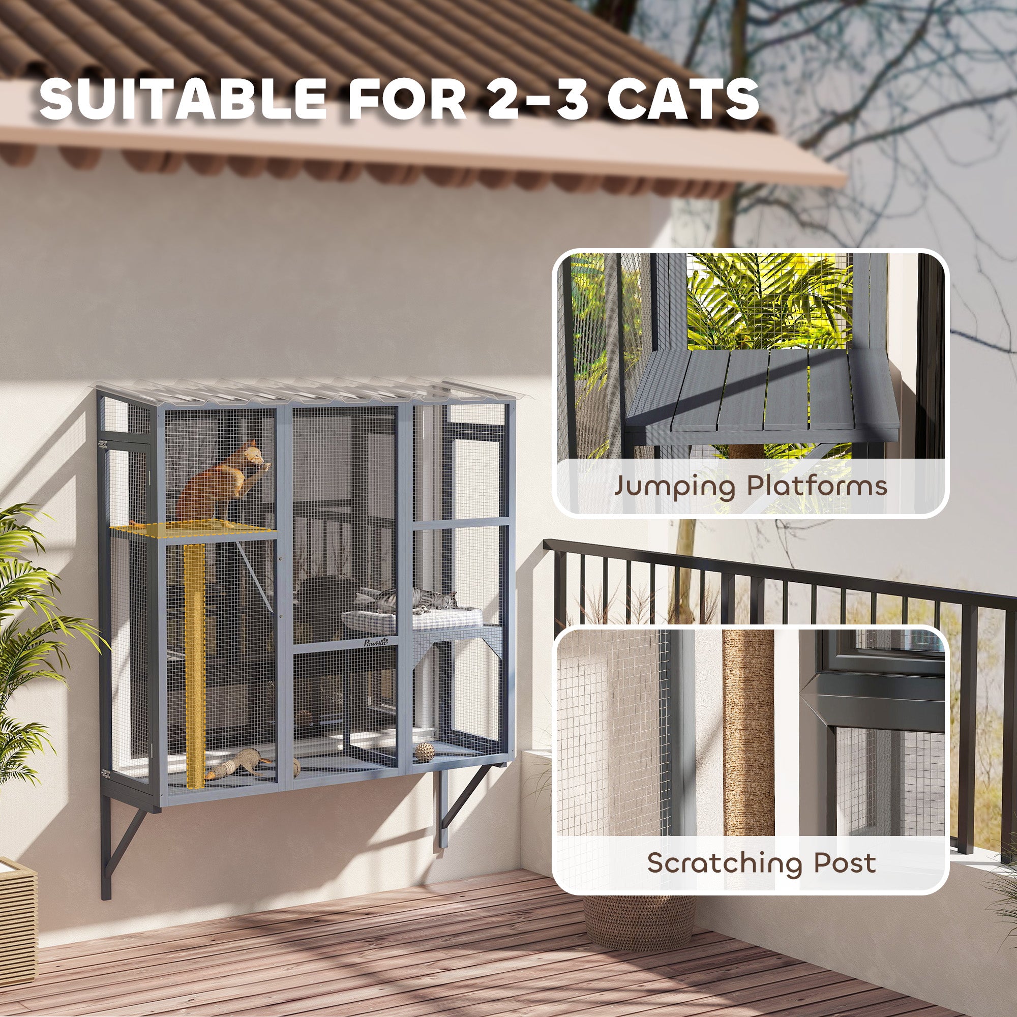 Catio Outdoor Cat Enclosure, Cat Window Box for 2-3 Cats with 2 Jumping Platforms & Scratching Post, Expendable Secure Window Perch House for Large Indoor Cats, Grey