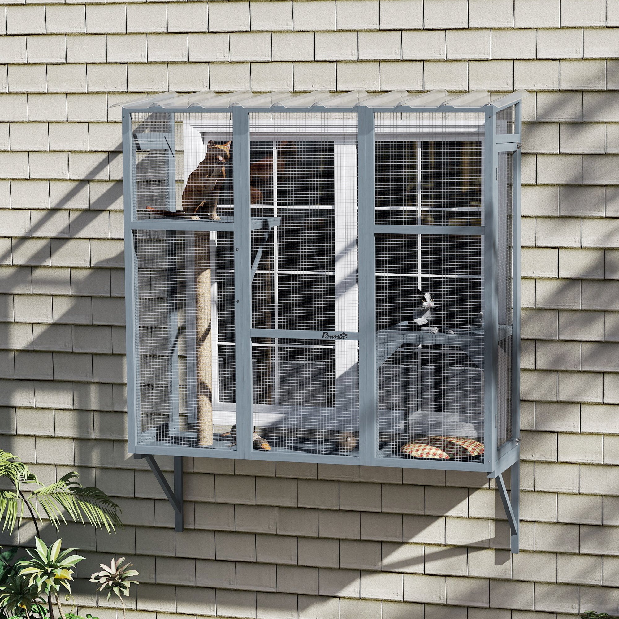 Catio Outdoor Cat Enclosure, Cat Window Box for 2-3 Cats with 2 Jumping Platforms & Scratching Post, Expendable Secure Window Perch House for Large Indoor Cats, Grey