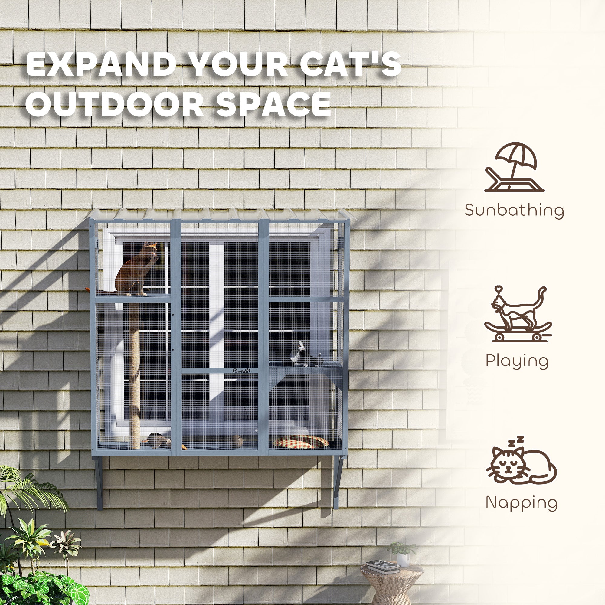 Catio Outdoor Cat Enclosure, Cat Window Box for 2-3 Cats with 2 Jumping Platforms & Scratching Post, Expendable Secure Window Perch House for Large Indoor Cats, Grey