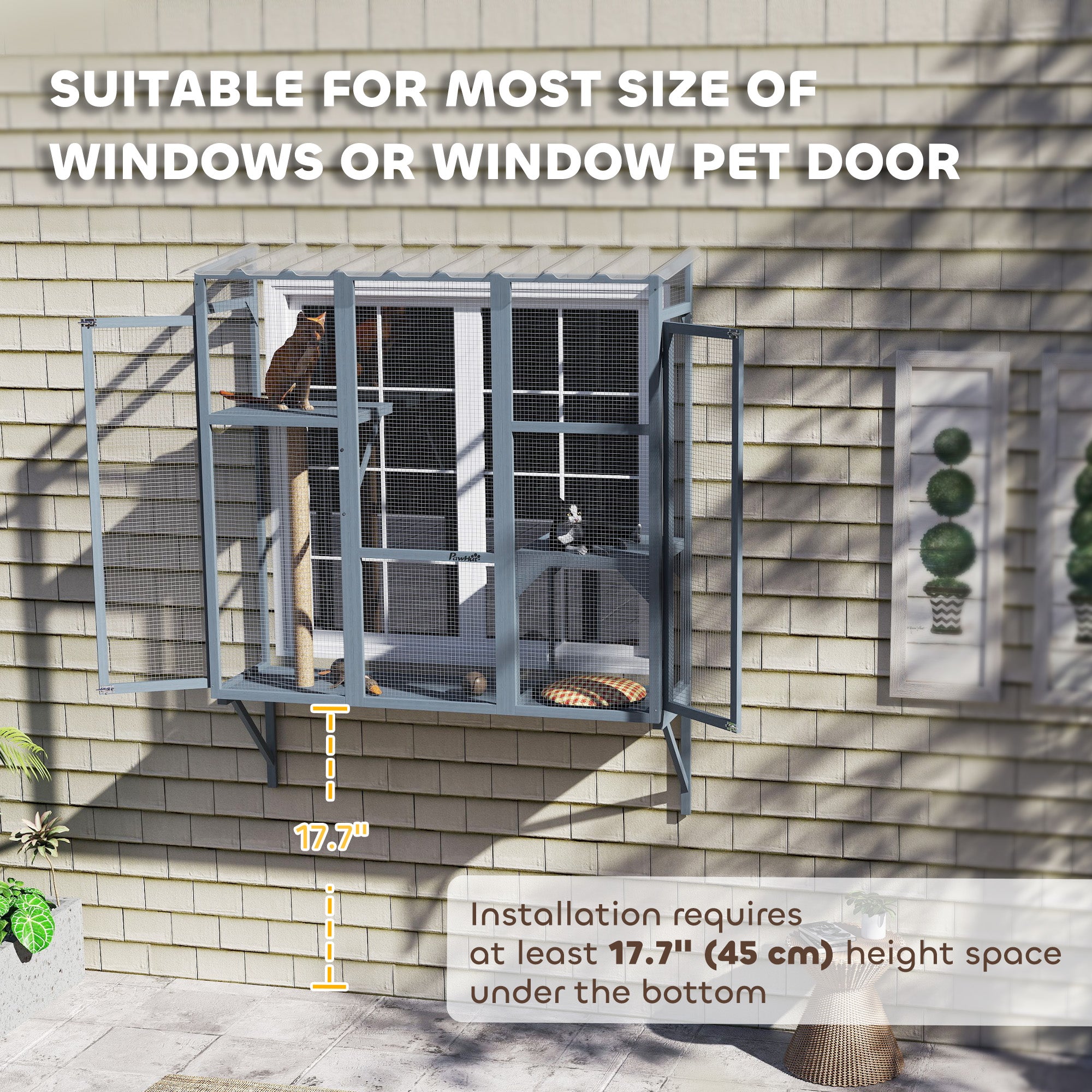 Catio Outdoor Cat Enclosure, Cat Window Box for 2-3 Cats with 2 Jumping Platforms & Scratching Post, Expendable Secure Window Perch House for Large Indoor Cats, Grey