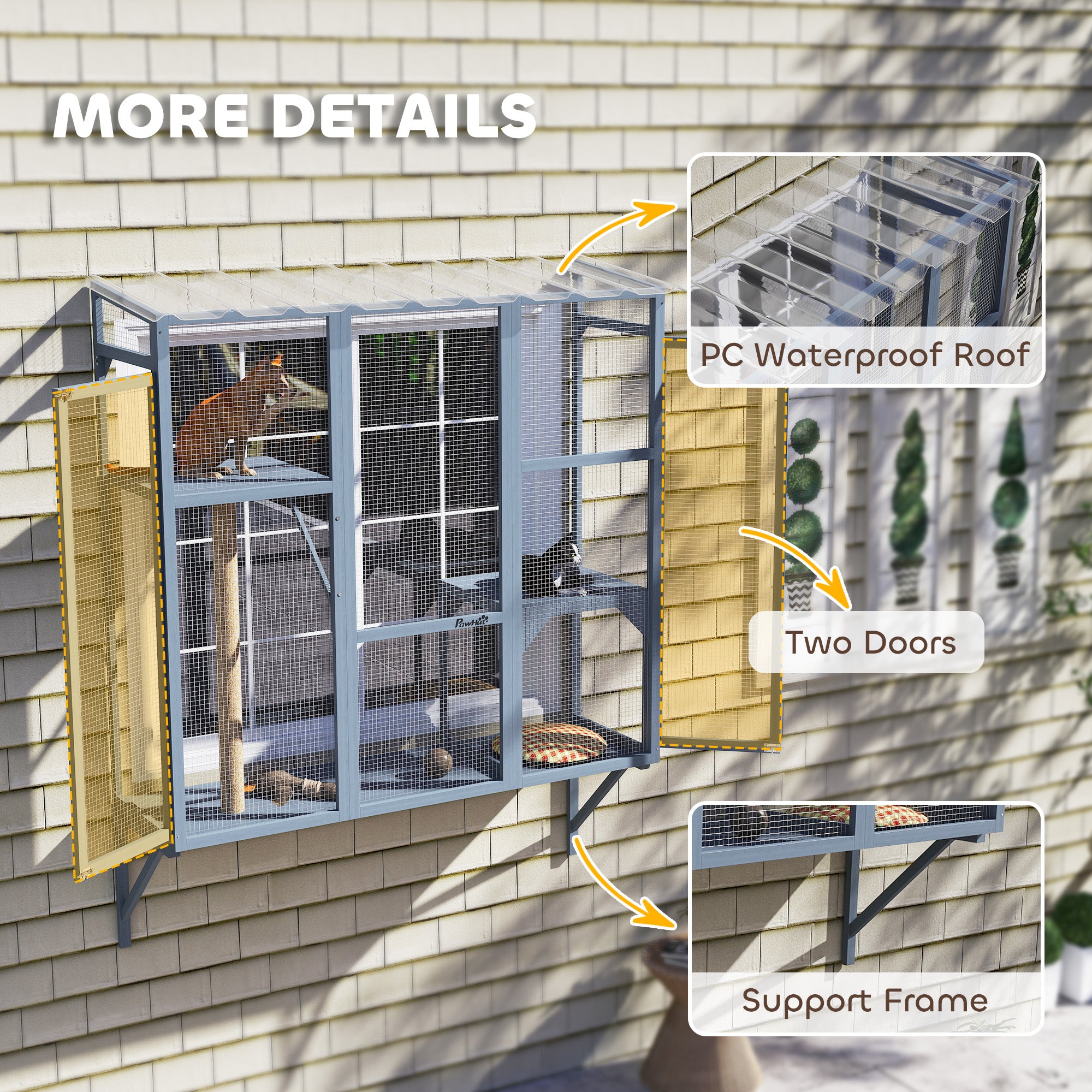Catio Outdoor Cat Enclosure, Cat Window Box for 2-3 Cats with 2 Jumping Platforms & Scratching Post, Expendable Secure Window Perch House for Large Indoor Cats, Grey
