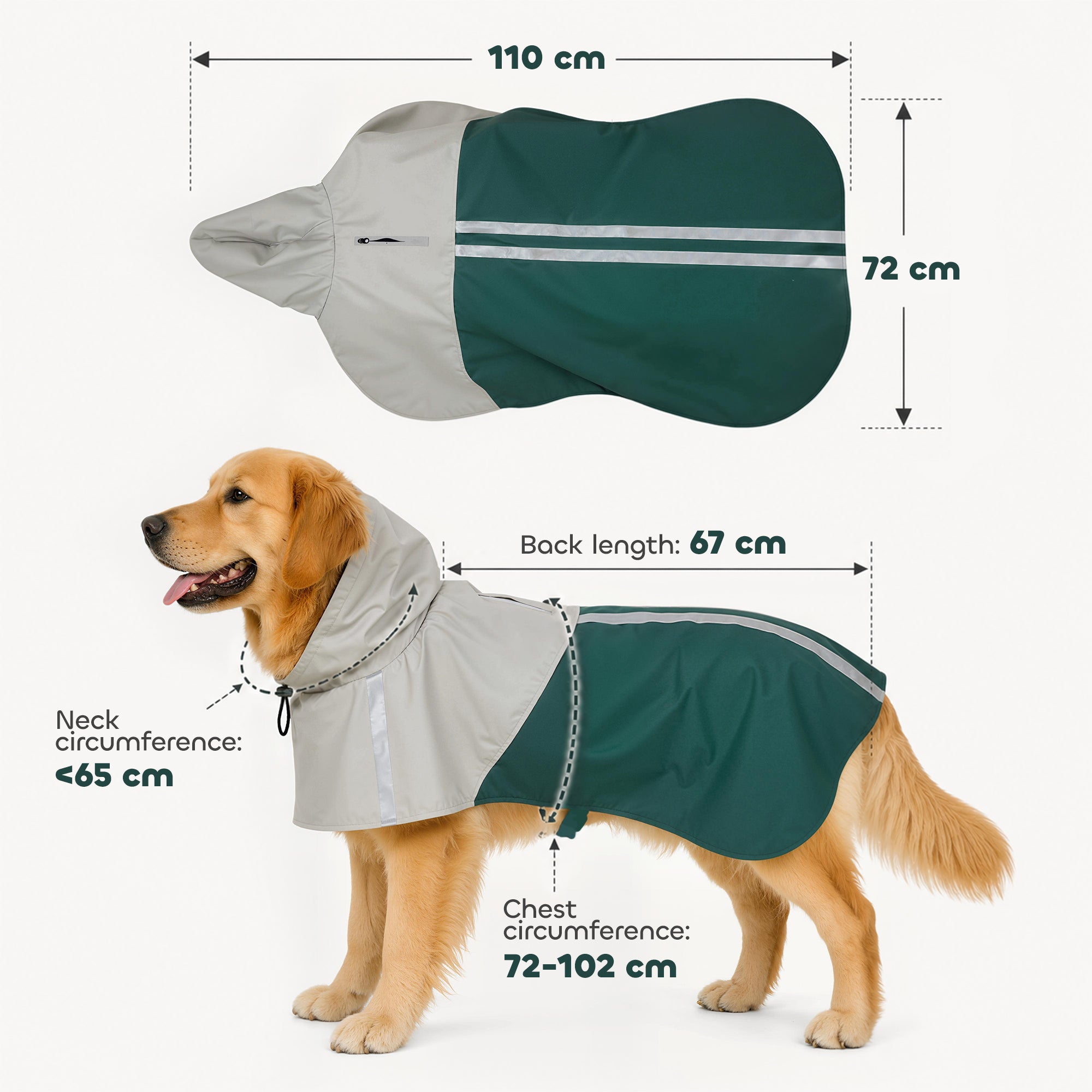 Dog Raincoat with Hood, Waterproof & Breathable Rain Jacket with Reflective Strips and Leash Hole, Adjustable Poncho for Large Dogs, 20-30 KG Available, Green, L