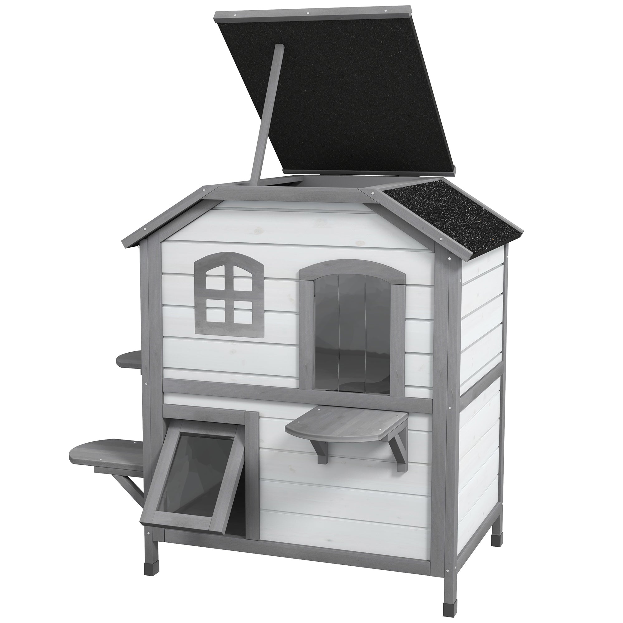  2-story Cat House Outdoor, Weatherproof Wooden Cat Enclosure for Feral Cats with Escape Door, Openable Roof, Jumping Platforms, White