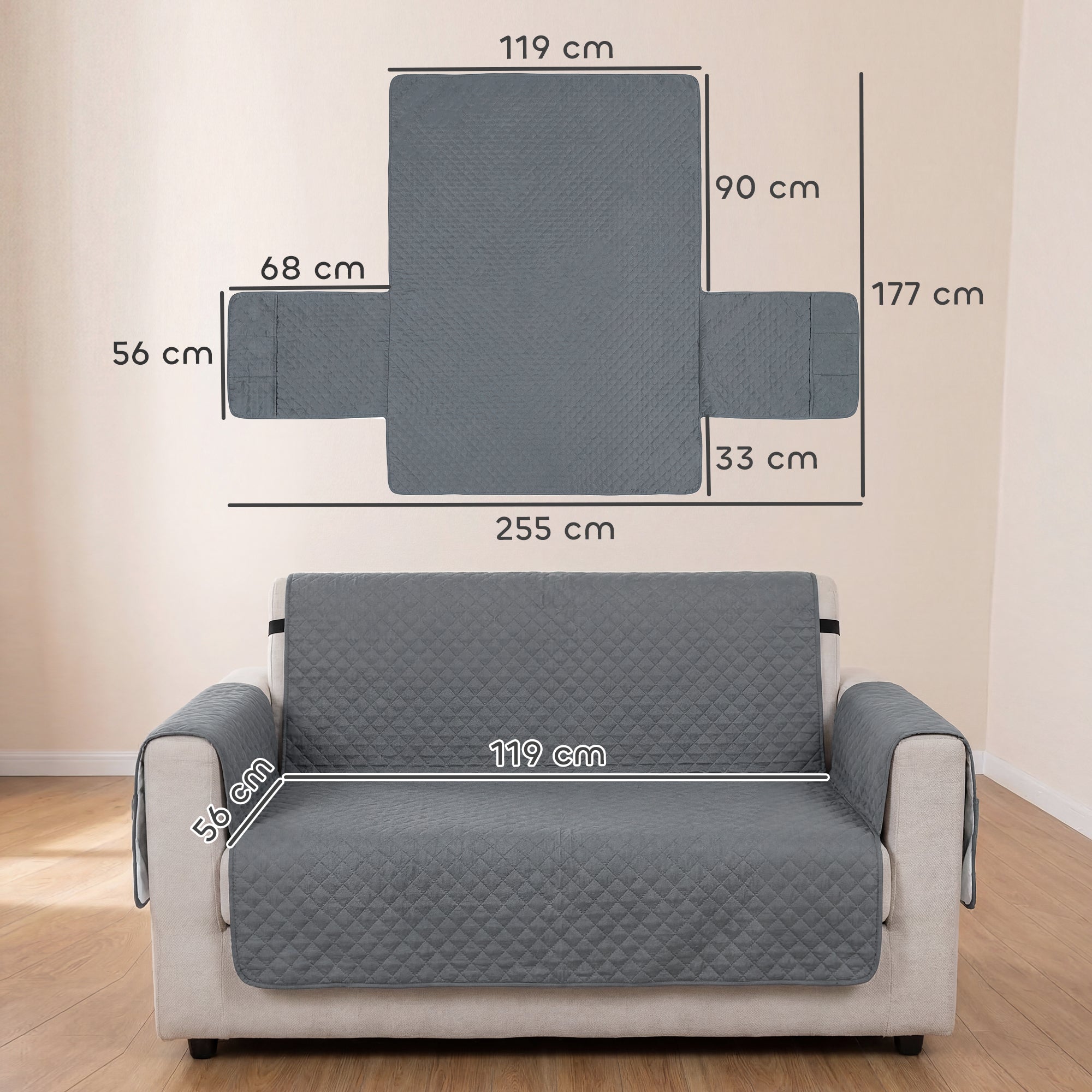 Waterproof Sofa Cover 2 Seater, Soft Couch Cover for Dogs Cats Pets, Non Slip Sofa Slipcoevr with Elastic Straps Furniture Protector for Living Room, Grey