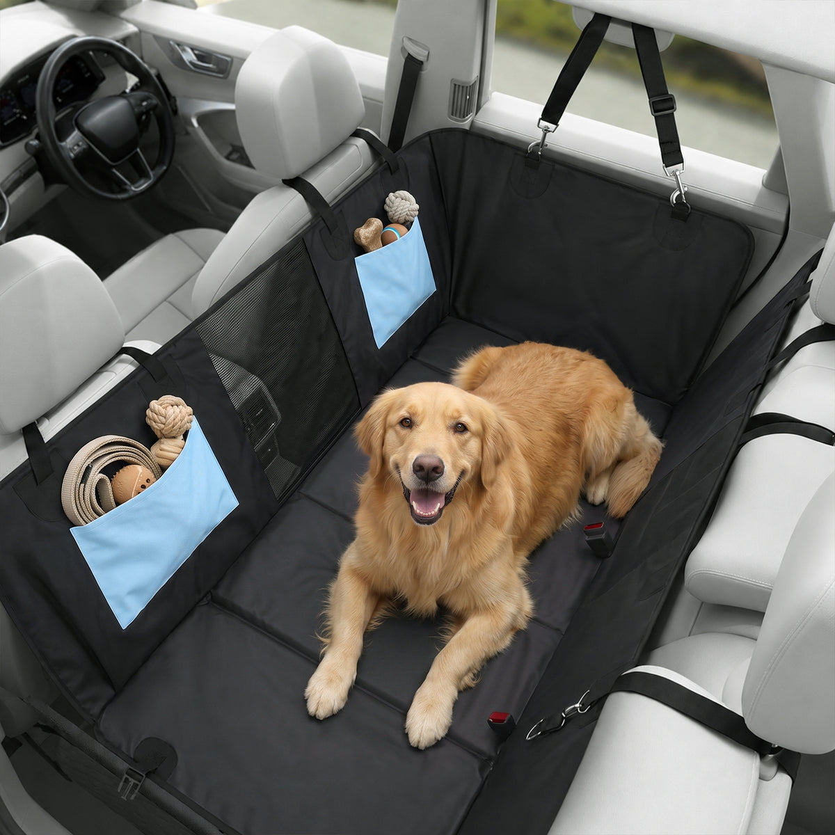Dog Car Seat Cover, Waterproof Dog Travel Hammock with Non-Slip & Anti-Scratch Surface, Mesh Window and Pockets, Foldable Back Seat Cover for Cars, Trucks and SUVs, Blue
