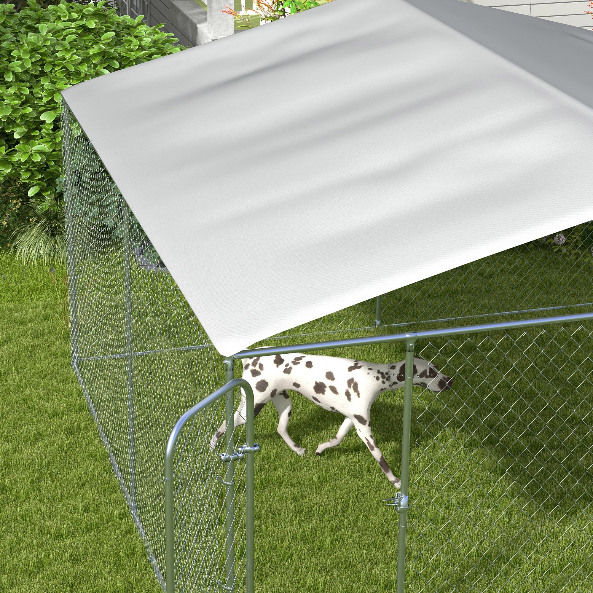 Dog Kennel Outdoor Run Fence with Roof, Steel Lock, Mesh Sidewalls for Backyard & Patio, 15.1' x 15.1' x 7.5'