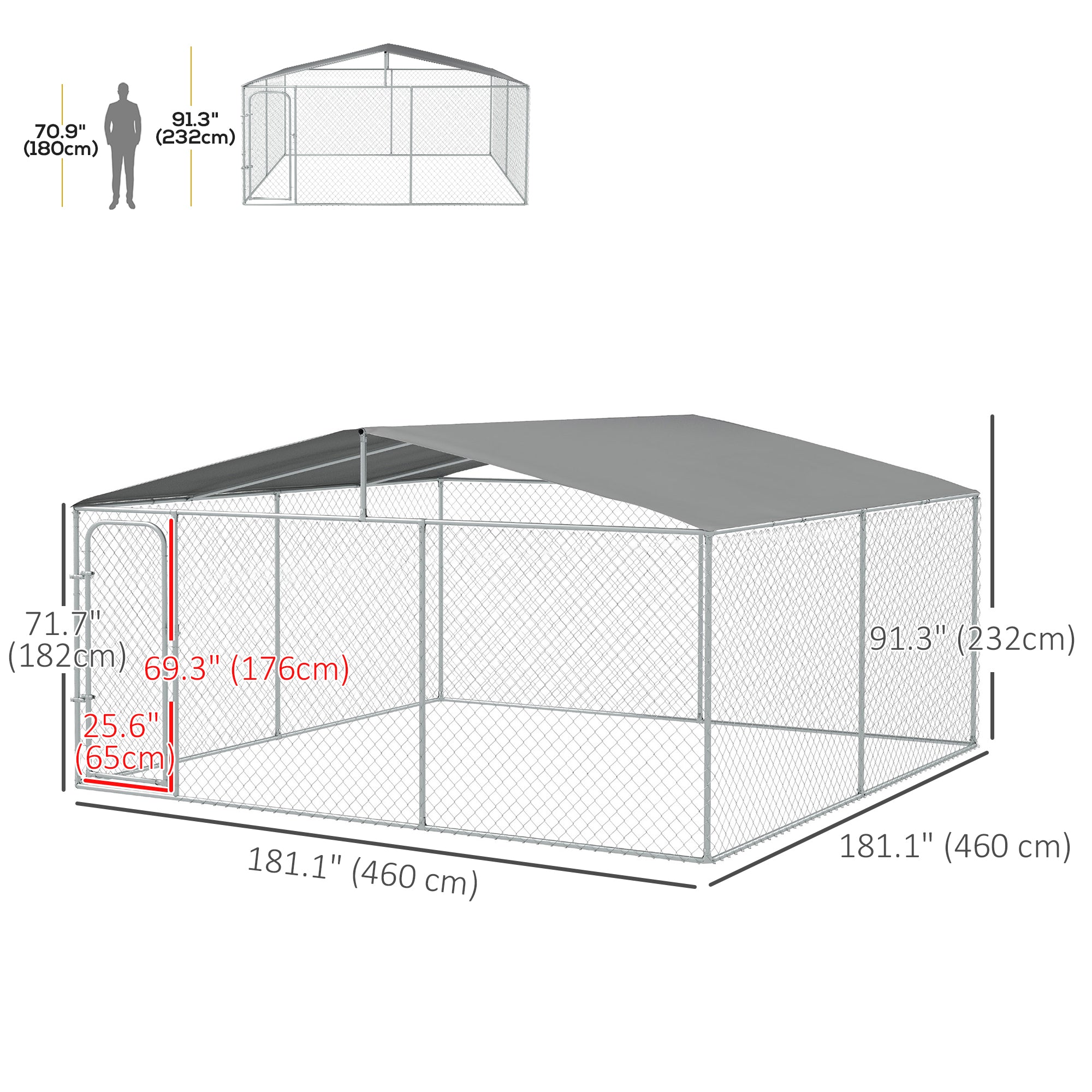 Dog Kennel Outdoor Run Fence with Roof, Steel Lock, Mesh Sidewalls for Backyard & Patio, 15.1' x 15.1' x 7.5'