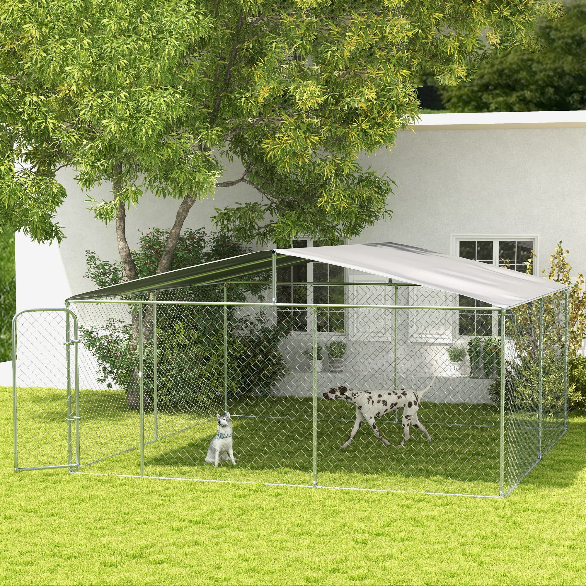 Dog Kennel Outdoor Run Fence with Roof, Steel Lock, Mesh Sidewalls for Backyard & Patio, 15.1' x 15.1' x 7.5'