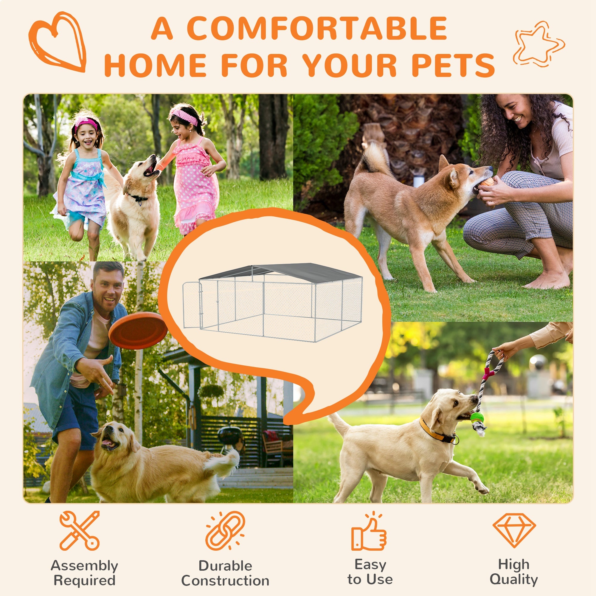 Dog Kennel Outdoor Run Fence with Roof, Steel Lock, Mesh Sidewalls for Backyard & Patio, 15.1' x 15.1' x 7.5'