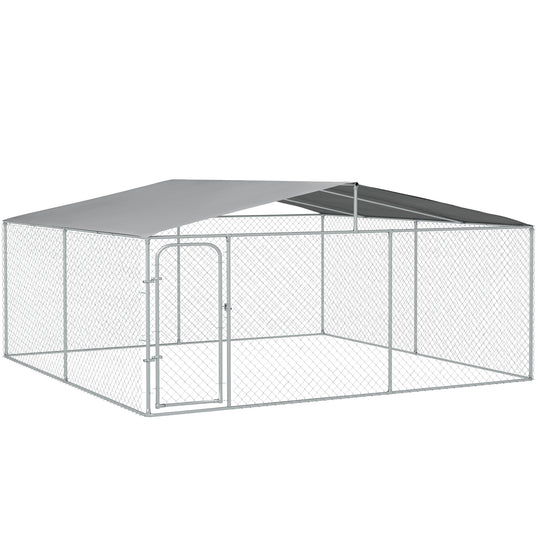 PawHut Large Dog Kennel Outside, Heavy Duty Dog Cage with Waterproof Cover, Outdoor Fence Dog Run with Galvanized Chain Link, Secure Lock, 15' x 15' x 7.5'