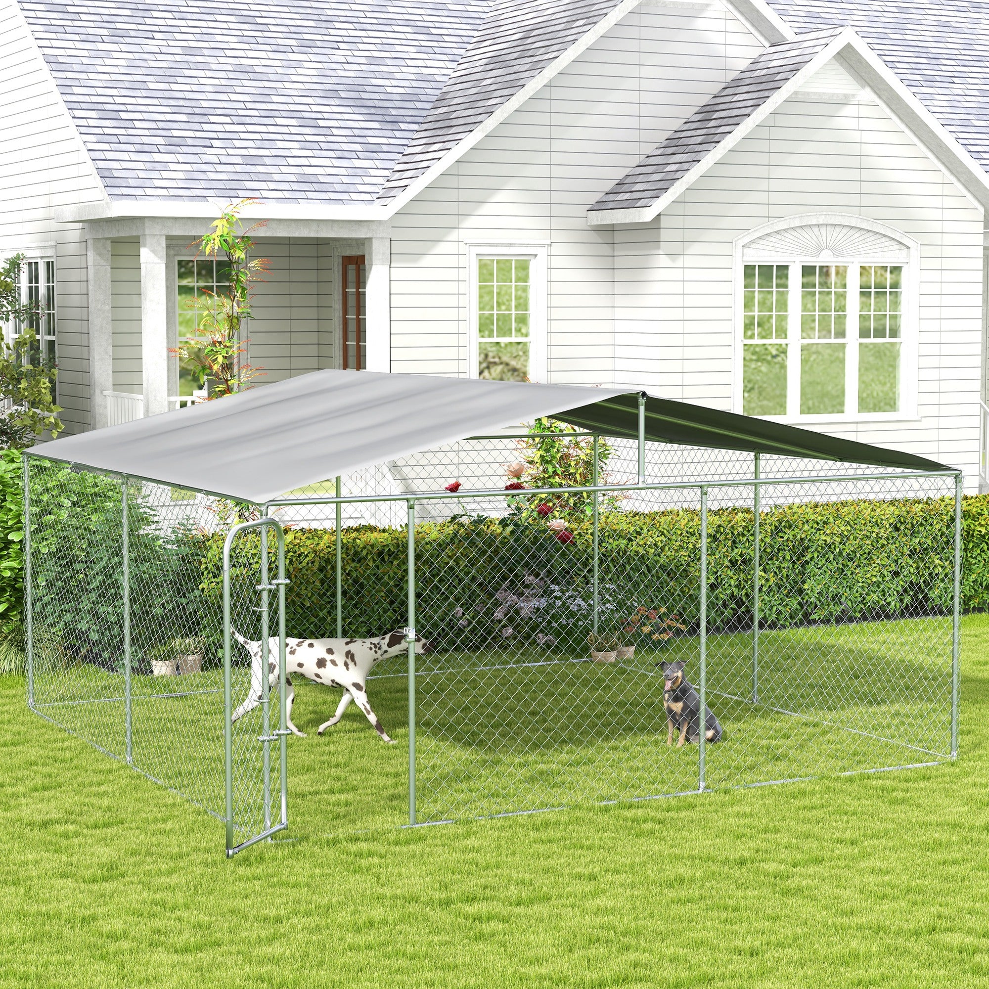 Dog Kennel Outdoor Run Fence with Roof, Steel Lock, Mesh Sidewalls for Backyard & Patio, 15.1' x 15.1' x 7.5'