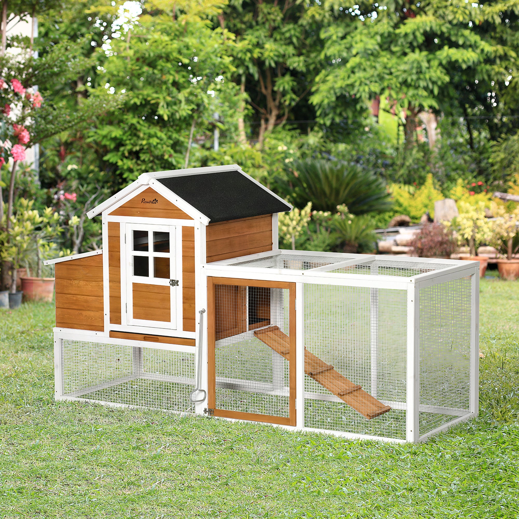 Chicken Coop, 76"L Weatherproof Wooden Chicken Run with Nesting Box, Tray, Ramp and Perches, Poultry Cage for Outdoor, Backyard, for 2–4 Hens, Rabbits, Ducks, Orange