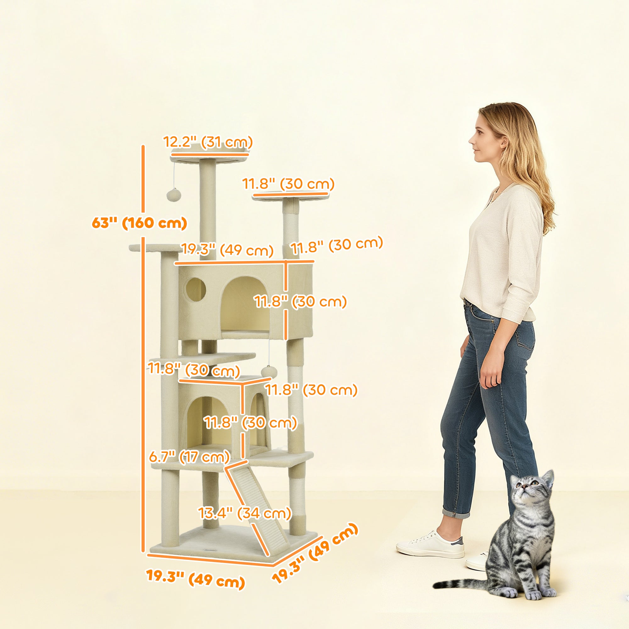 63" Cat Tree, Cat Tower for Indoor Cats with Scratching Posts, Cat Condos, Bed, Platforms, Ramp, Toy Ball, Cat Activity Center, Cream White