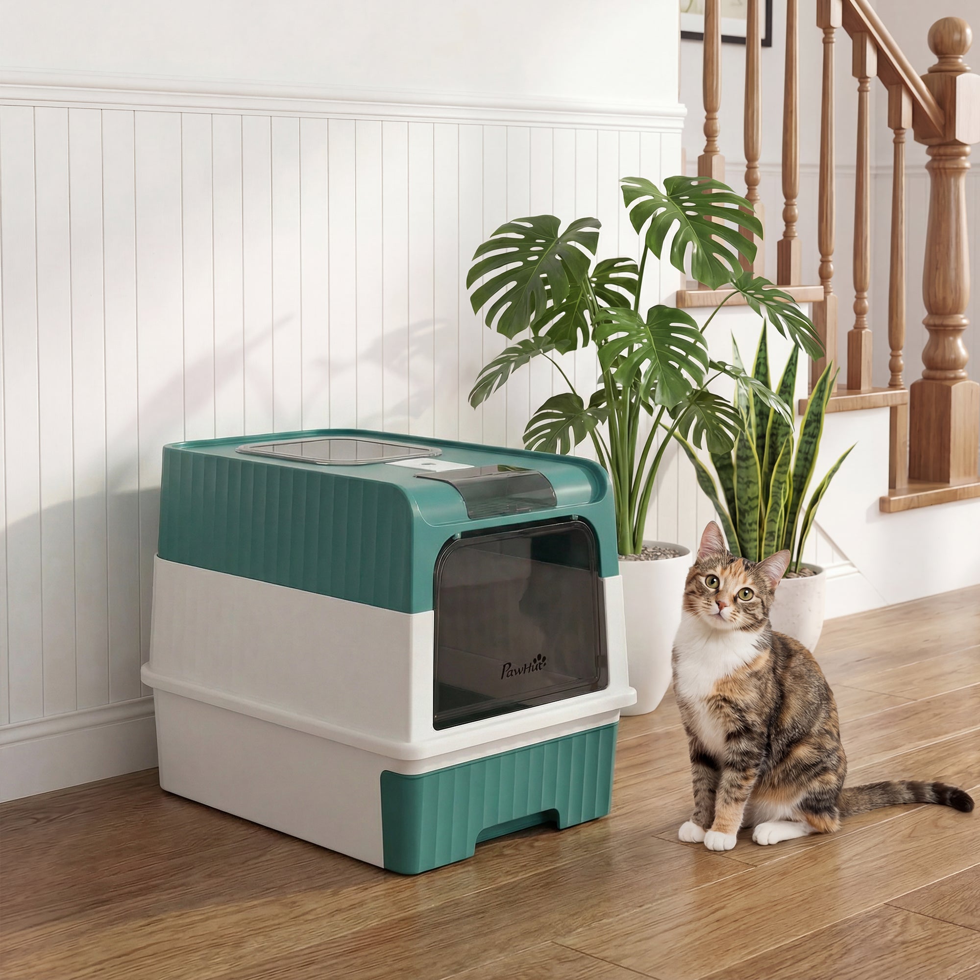 Cat Litter Box with Lid, Hooded Cat Litter Box with Pull-Out Drawer Tray, Scoop, Front Entry & Top Exit, 4 Deodorization Bags, Easy to Clean, Teal