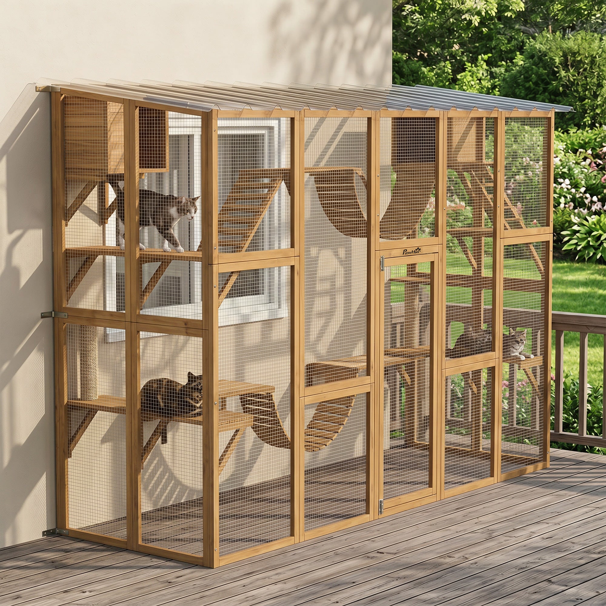 Catio Outdoor Cat Enclosure Window, Outdoor Cat House with Weather Protection Roof for Multiple Kitties, Wooden Frame, Shelves & Bridges, 118" x 37.5" x 74", Yellow