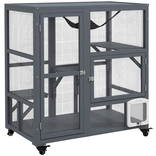 Wooden Cat House for Indoor 3 Levels Cat Condo Villa on Wheels with Flap Door Platforms Hammock Openable Top for 2 Kittens, Light Grey