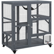 Cat Cage House, Catio Cat Indoor Enclosure on Wheels, Weather-Resistant Wooden Kitty Cage with Platforms, Hammock, Light Grey