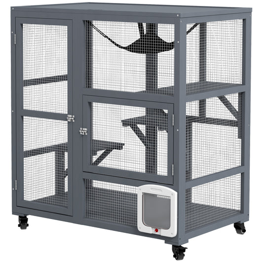 Wooden Cat House for Indoor 3 Levels Cat Condo Villa on Wheels with Flap Door Platforms Hammock Openable Top for 2 Kittens, Light Grey