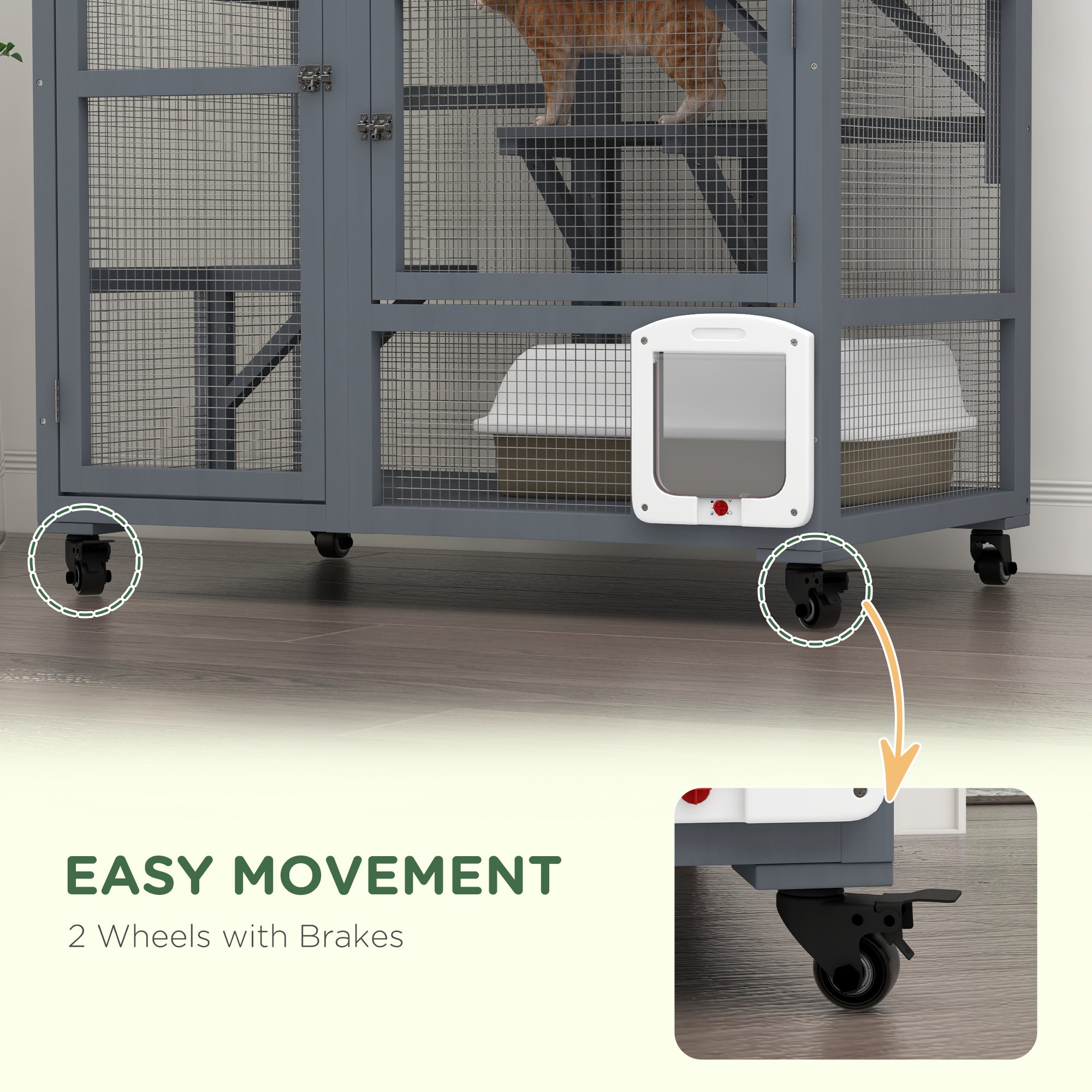 Cat Cage House, Catio Cat Indoor Enclosure on Wheels, Weather-Resistant Wooden Kitty Cage with Platforms, Hammock, Light Grey