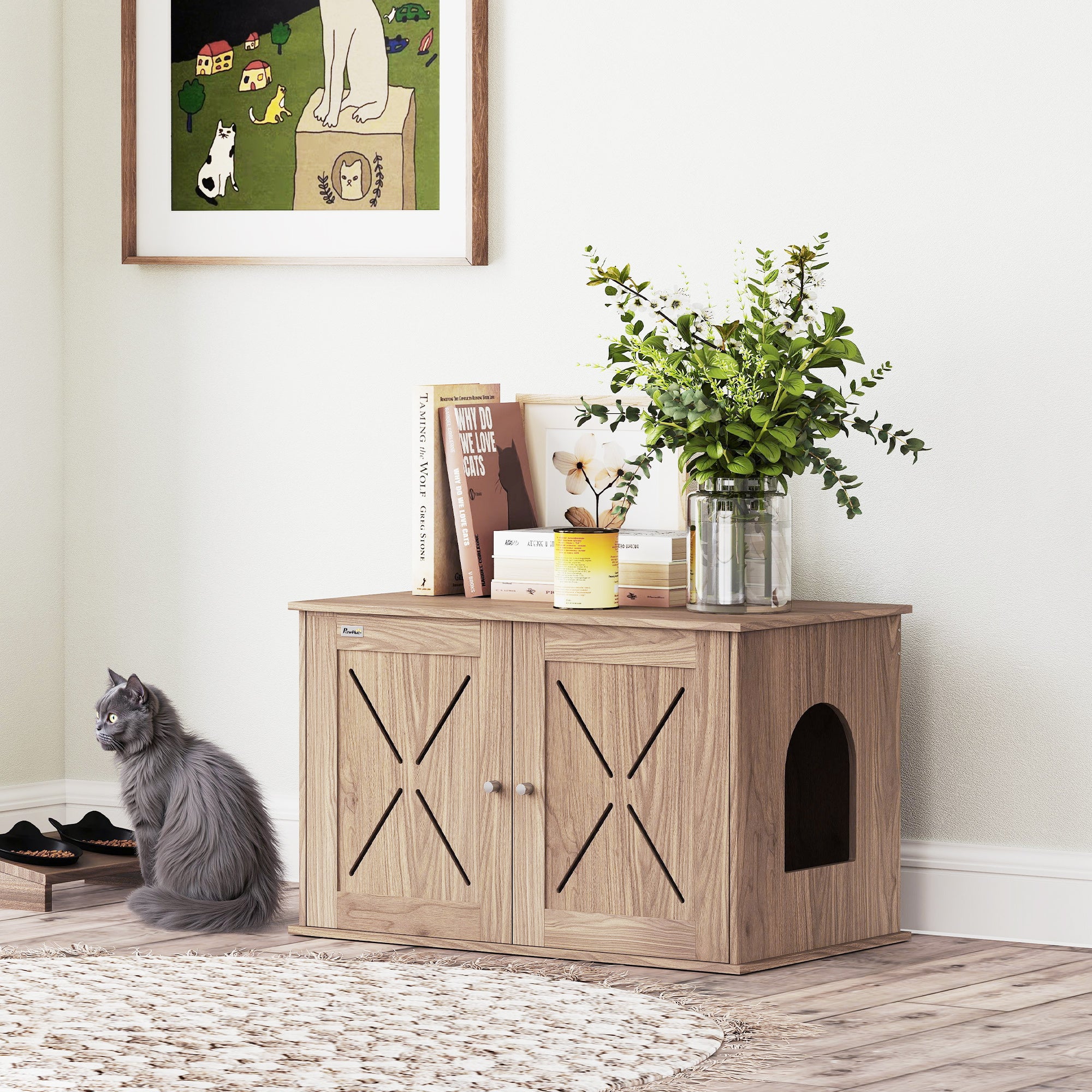 Cat Litter Box Enclosure, Cats House Litter Box Furniture with Double Doors and Side Entrance, Non-Slip Pads, Indoor Kitty House Hidden Washroom Toilet for Living Room, Walnut Brown