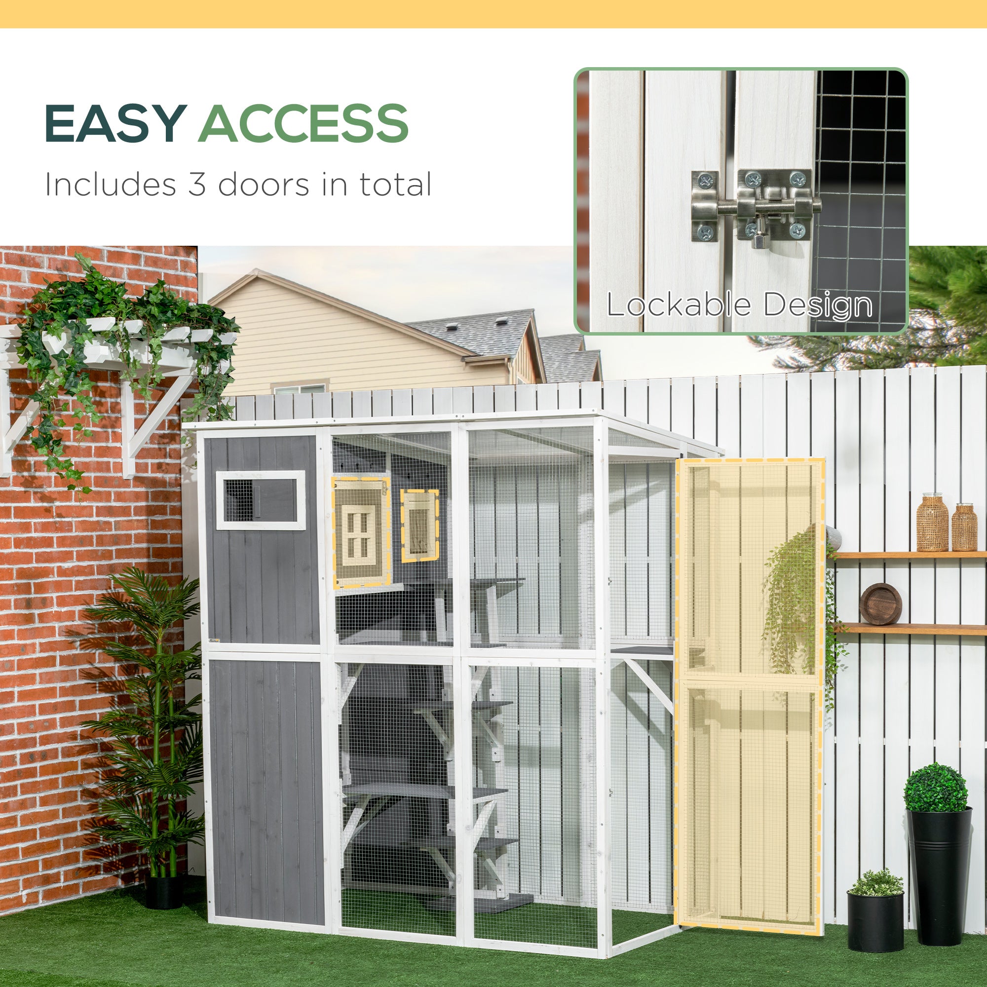 Wooden Cat Catio, 66.5"L Walk in Outdoor Cat House with PVC Weather Protection Roof, Multiple Platforms, Lockable Doors, Resting Condo, Observation Window, for 2 Cats