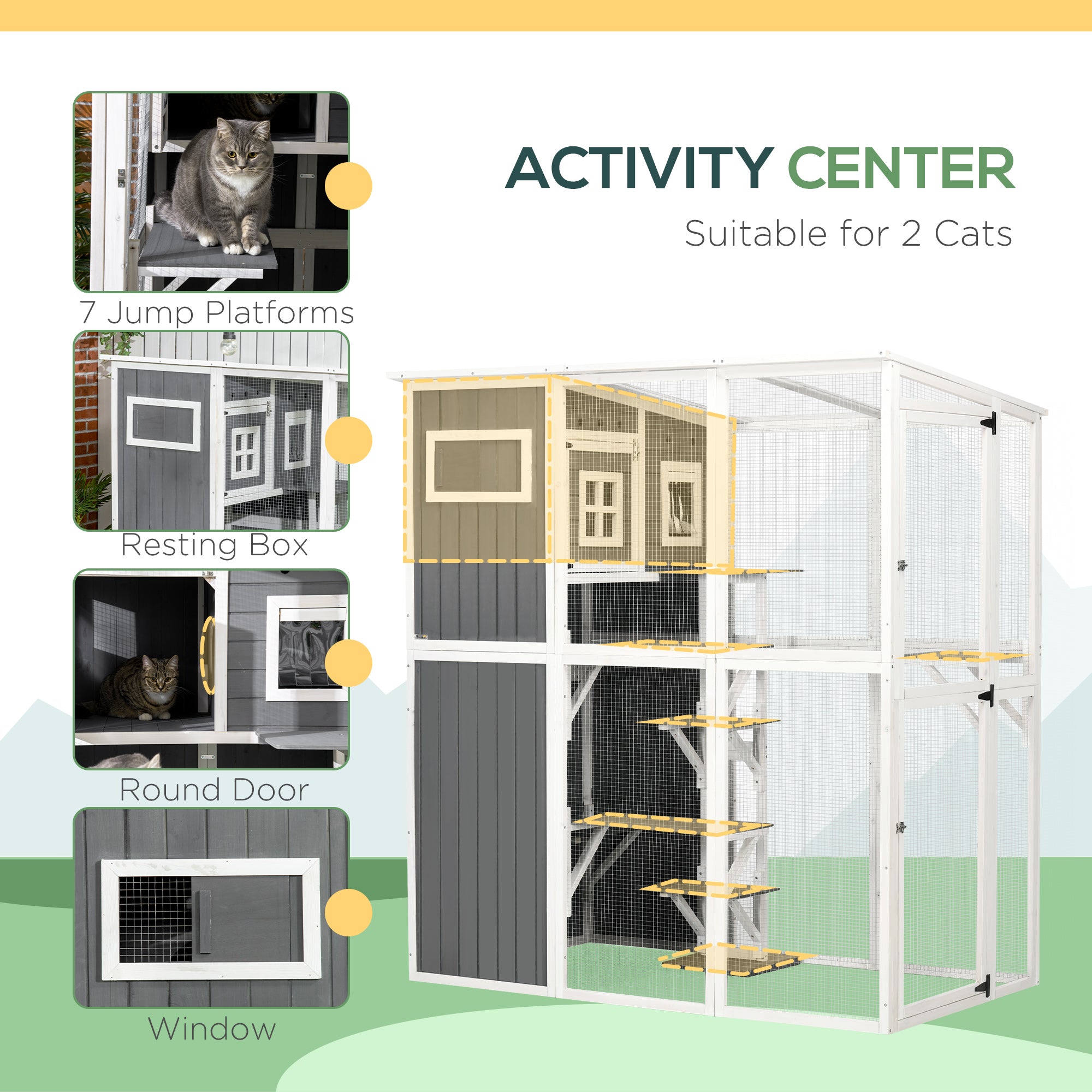 Wooden Cat Catio, 66.5"L Walk in Outdoor Cat House with PVC Weather Protection Roof, Multiple Platforms, Lockable Doors, Resting Condo, Observation Window, for 2 Cats