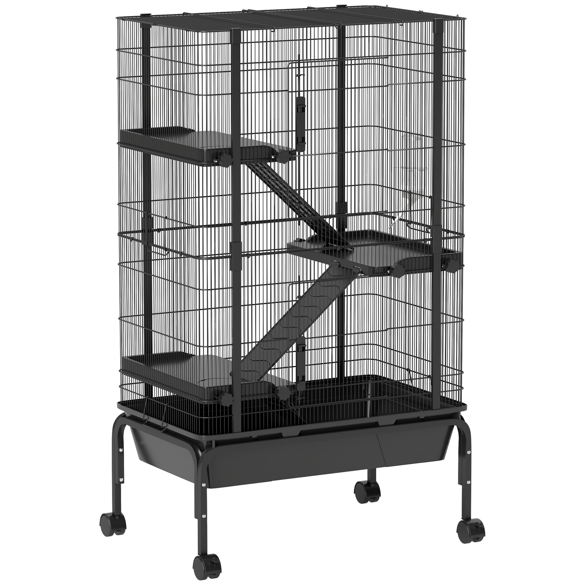 47"H Ferret Cage, Large 4-Tier Guinea Pig Cage with Wheels, Ramps, Bowl, Water Bottle & Removable Tray, Metal Small Animal Habitat for Rabbits, Chinchillas, Black