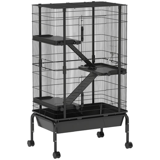 47"H Ferret Cage, Large 4-Tier Guinea Pig Cage with Wheels, Ramps, Bowl, Water Bottle & Removable Tray, Metal Small Animal Habitat for Rabbits, Chinchillas, Black