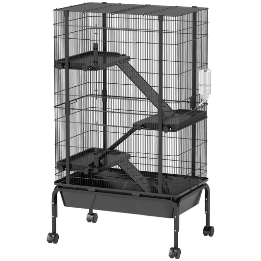 47"H Ferret Cage, Large 4-Tier Guinea Pig Cage with Wheels, Ramps, Bowl, Water Bottle & Removable Tray, Metal Small Animal Habitat for Rabbits, Chinchillas, Black