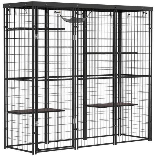Catio Outdoor Cat Enclosure, Weld Wire Outdoor Cat House with Waterproof Cover, 4 Jumping Platforms, Hammock, Cat Cage Indoor for 1-3 Kittens, 69" x 22" x 62", Black