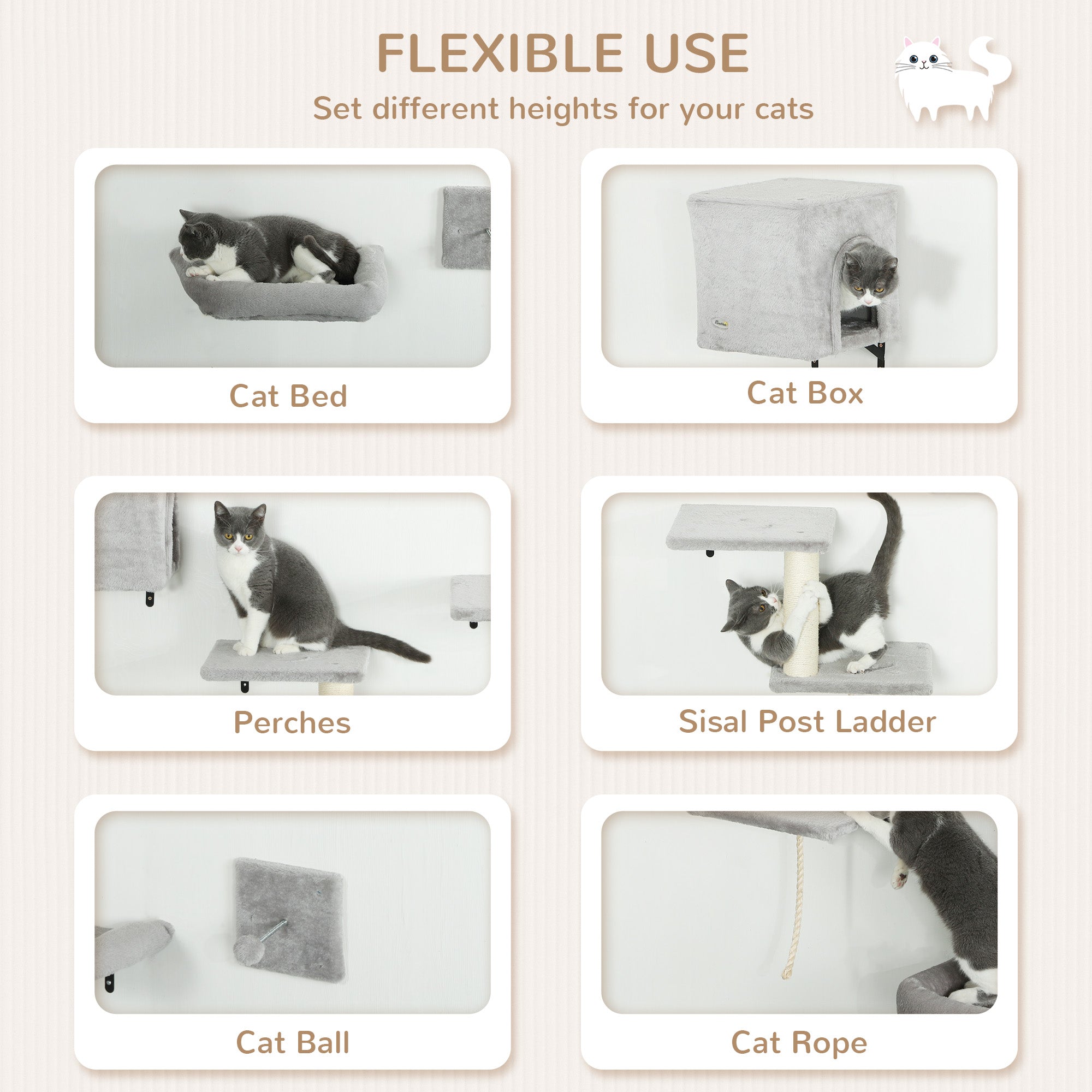 Cat Wall Shelves, 7PCs Cat Shelves with Perches, House, Sisal Post Ladder, Bed & Ball, Ceiling Wall Mounted Cat Climber, Grey