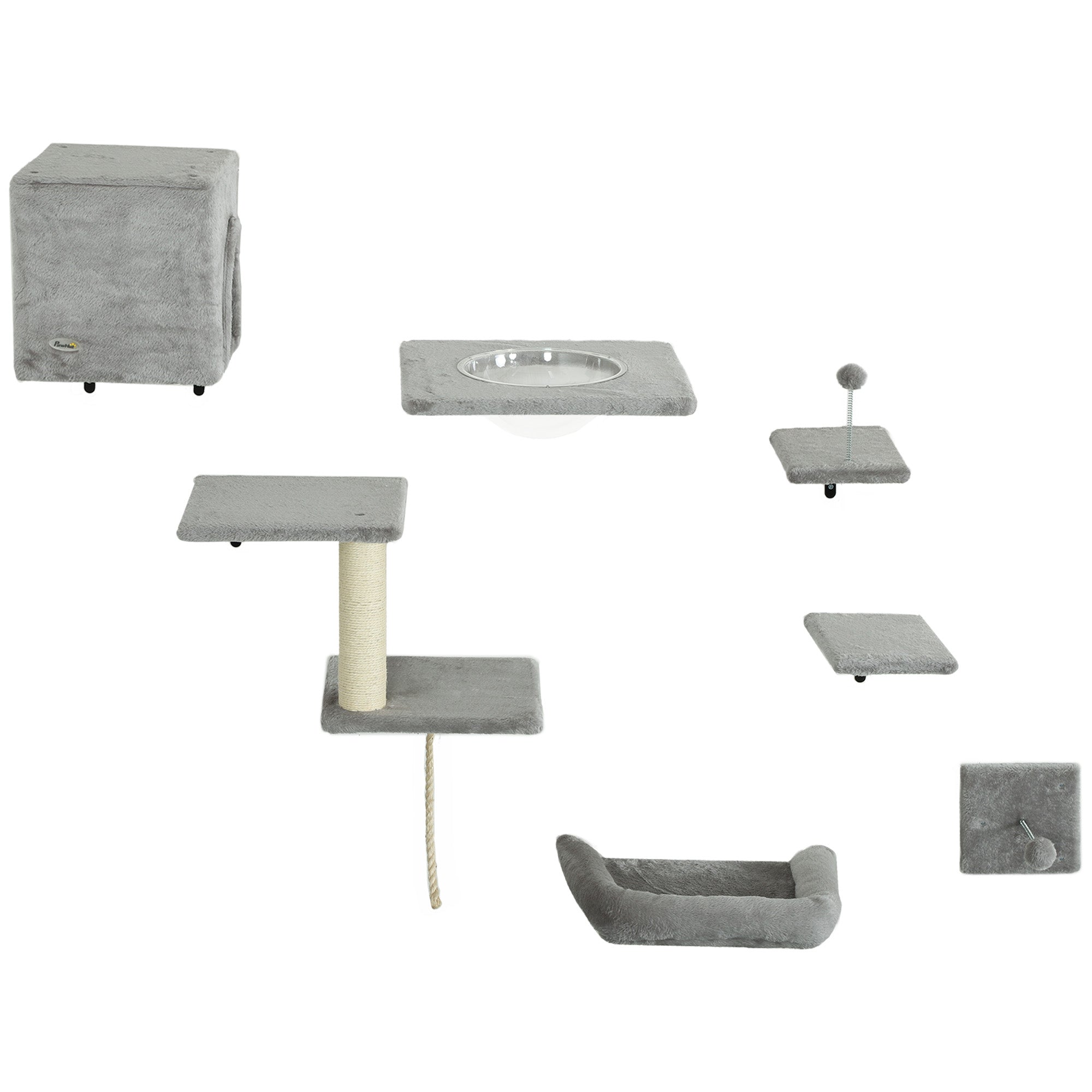 Cat Wall Shelves, 7PCs Cat Shelves with Perches, House, Sisal Post Ladder, Bed & Ball, Ceiling Wall Mounted Cat Climber, Grey